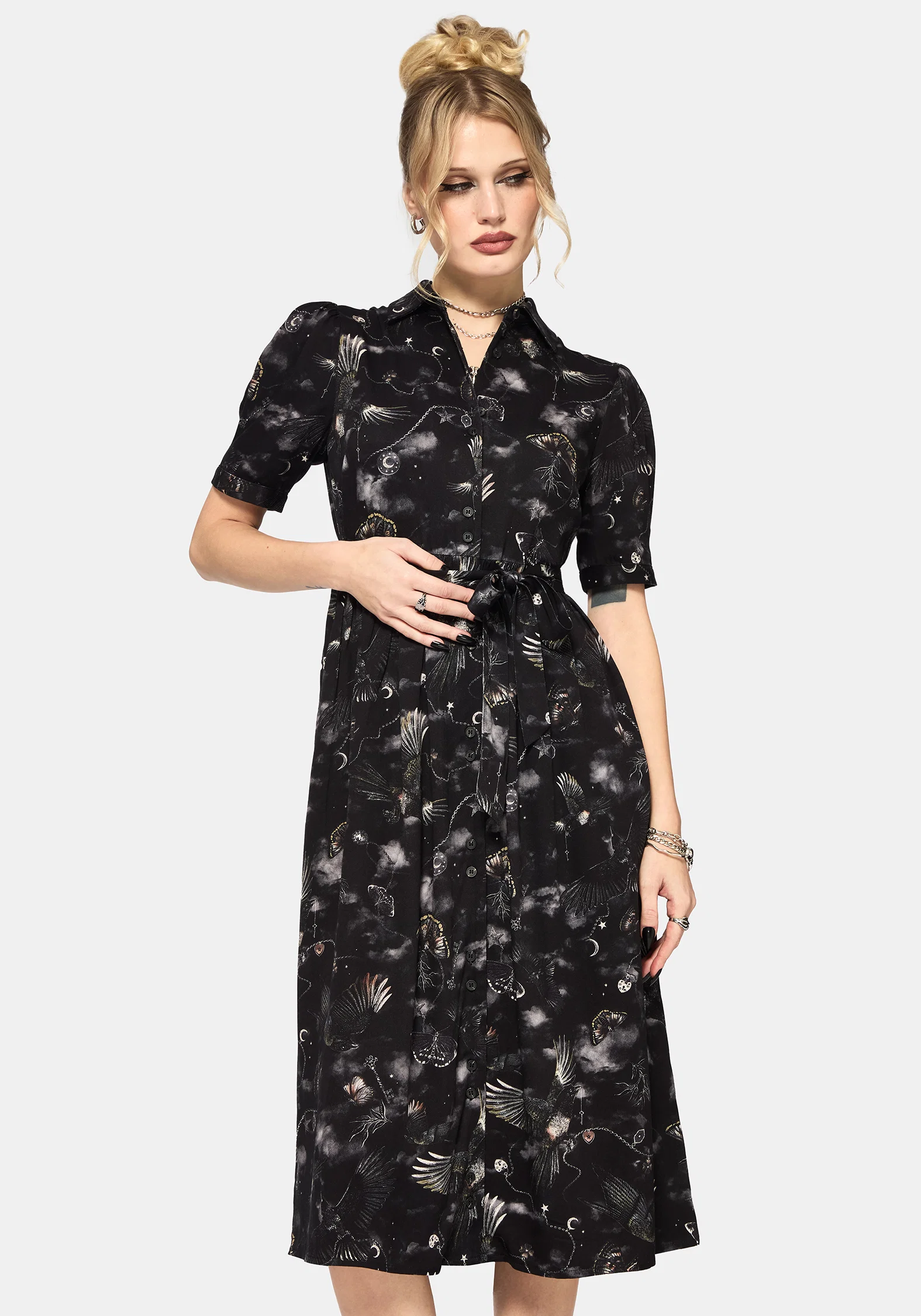 Crimson Magpie and Moth Print Midi Shirt Dress - Image 3