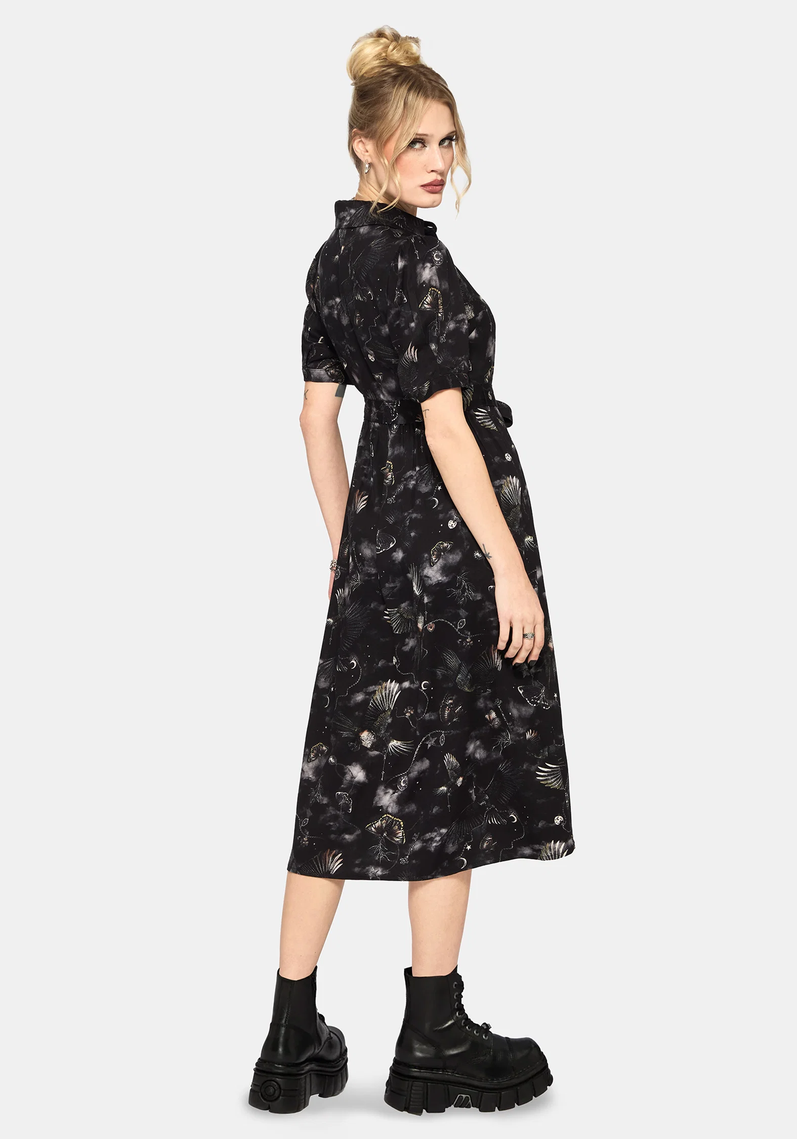 Crimson Magpie and Moth Print Midi Shirt Dress - Image 4