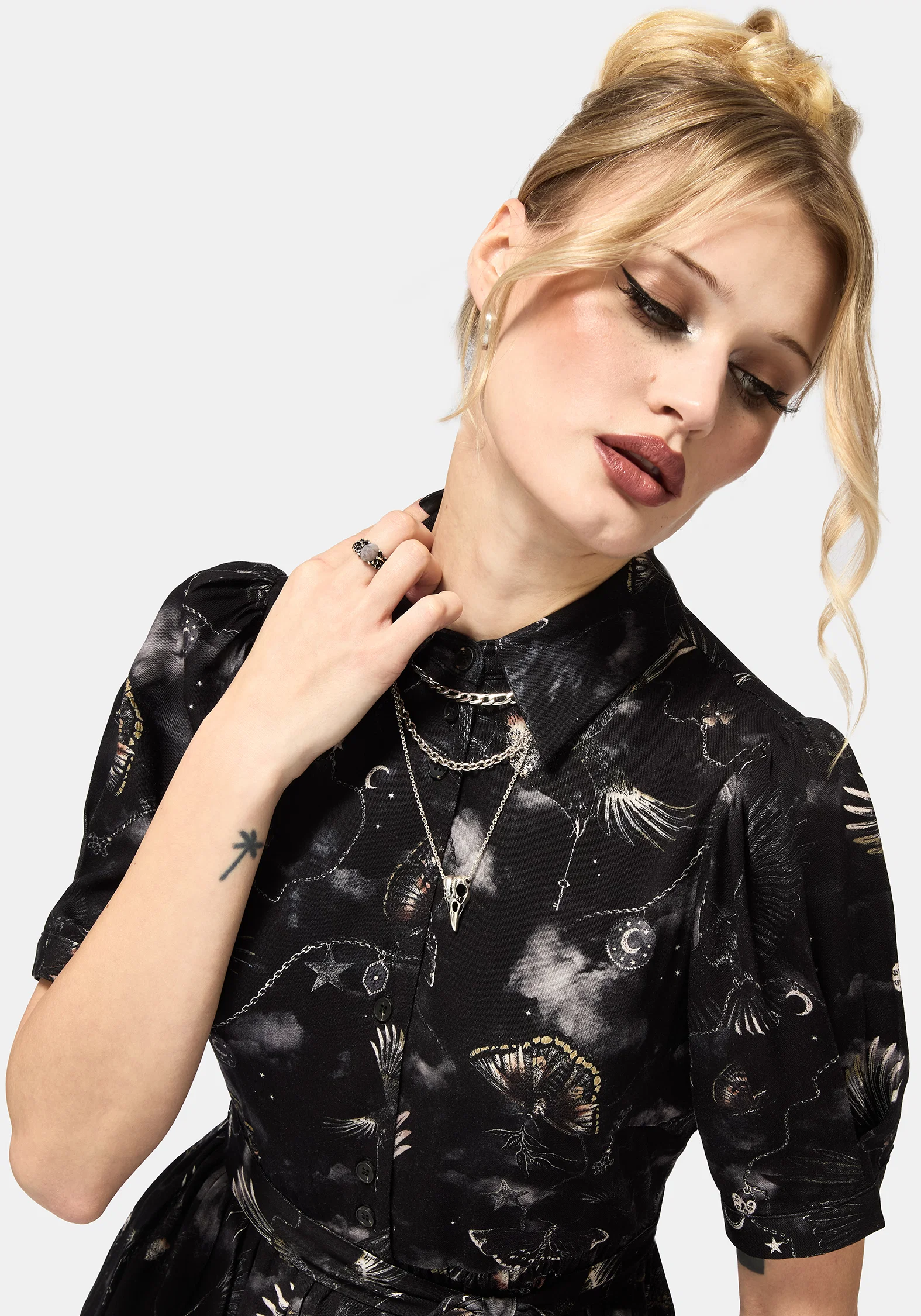 Crimson Magpie and Moth Print Midi Shirt Dress - Image 5