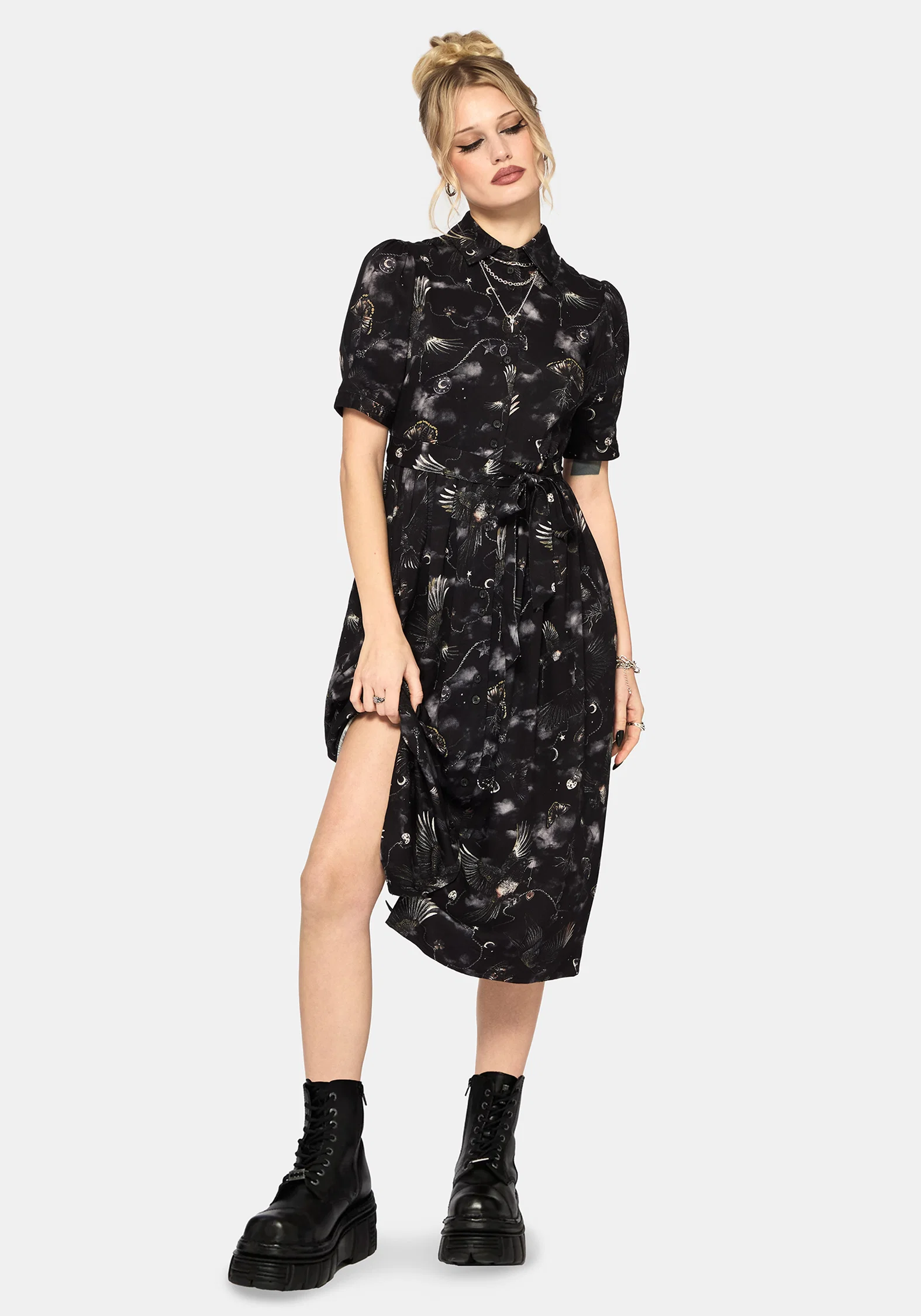 Crimson Magpie and Moth Print Midi Shirt Dress - Image 6