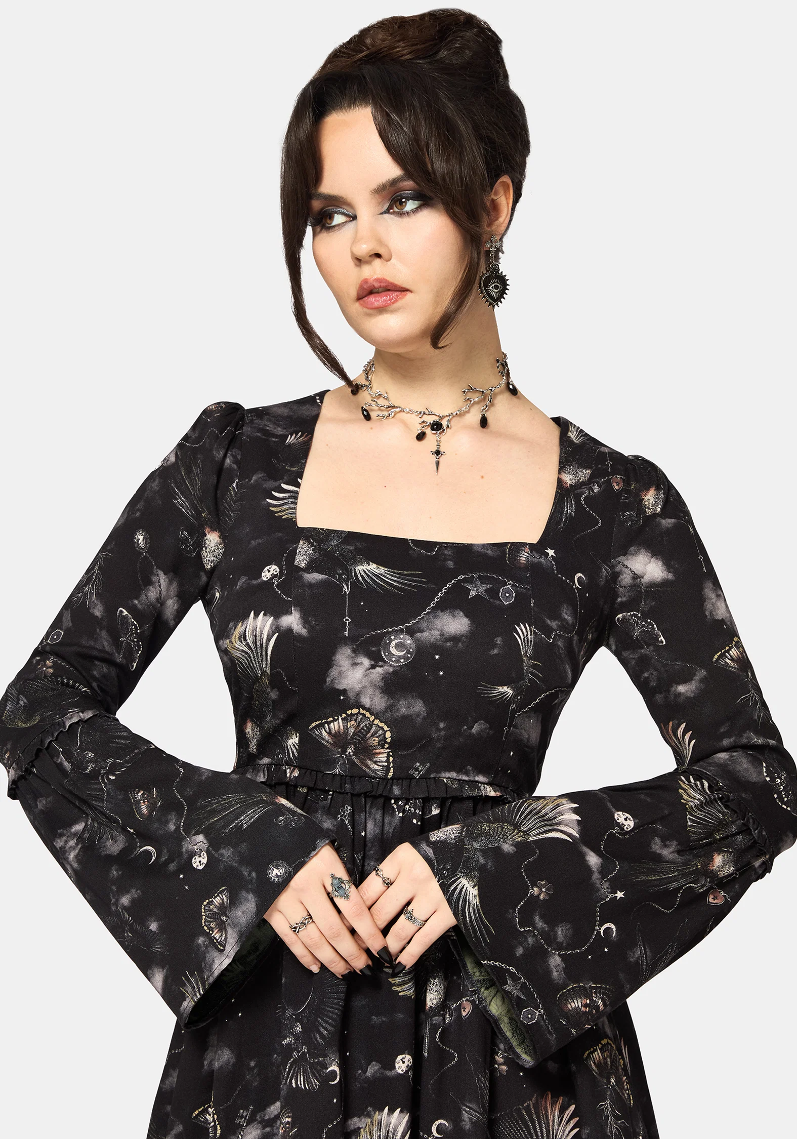 Crimson Magpie and Moth Print Mini Ruffle Dress - Image 2