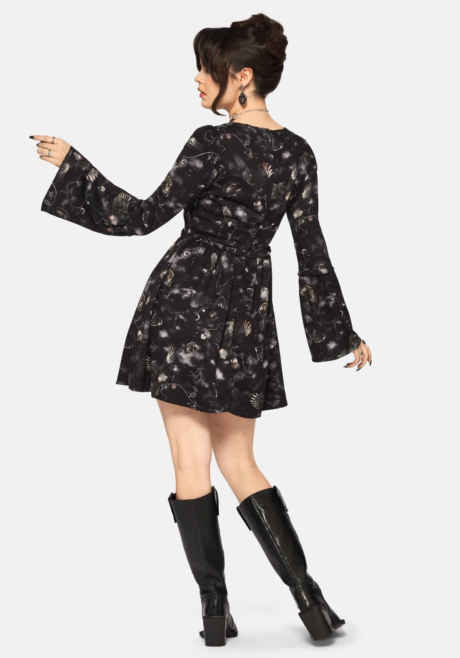 Crimson Magpie and Moth Print Mini Ruffle Dress - Image 3