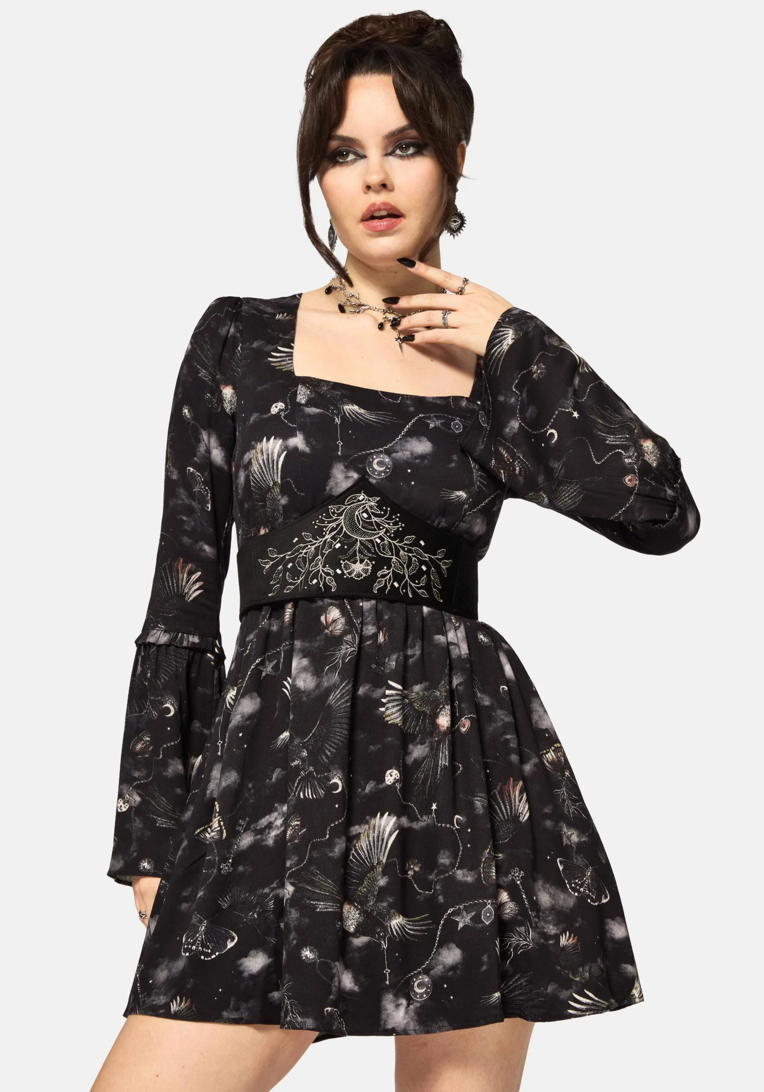 Crimson Magpie and Moth Print Mini Ruffle Dress - Image 4