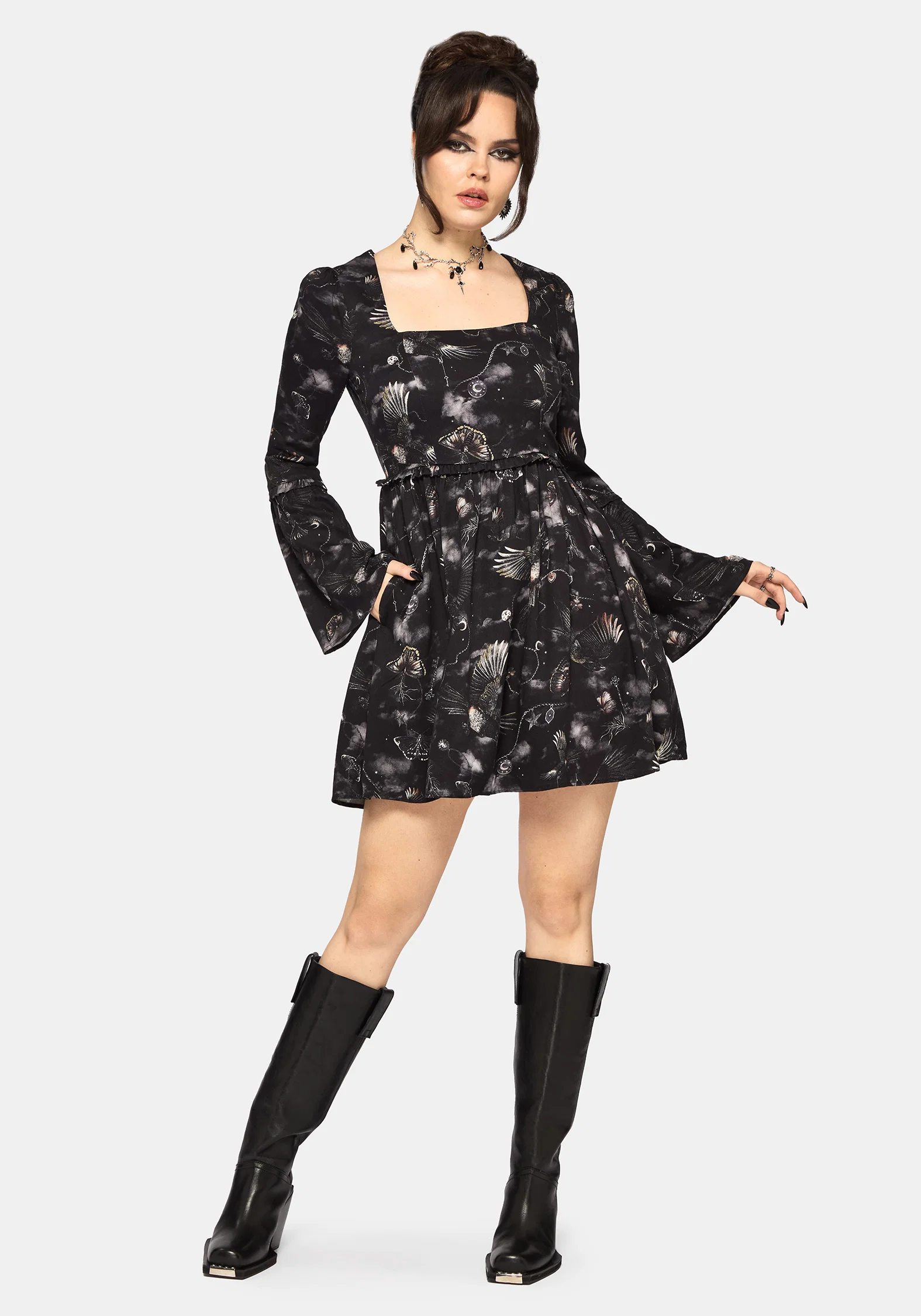 Crimson Magpie and Moth Print Mini Ruffle Dress - Image 5