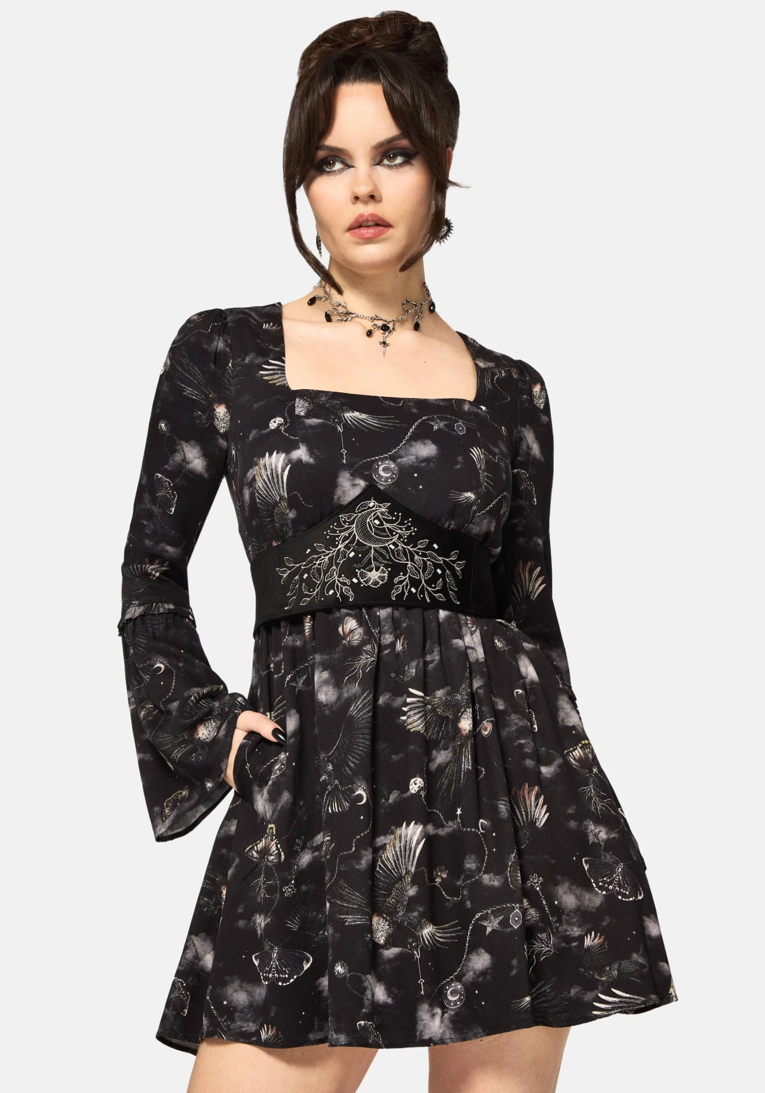 Crimson Magpie and Moth Print Mini Ruffle Dress - Image 6