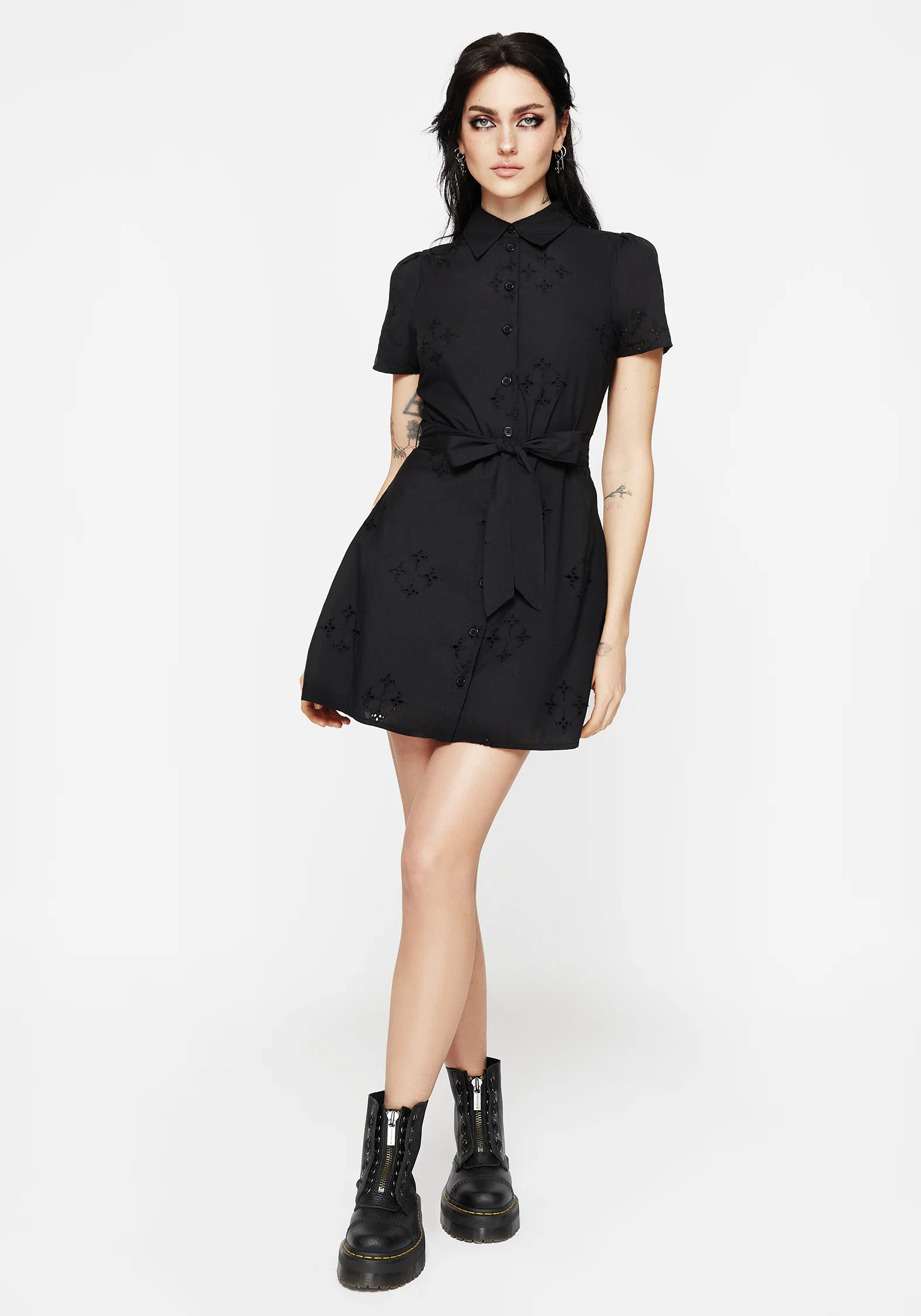 Crux Broderie Cotton Belted Mini Shirt Dress - Image 4