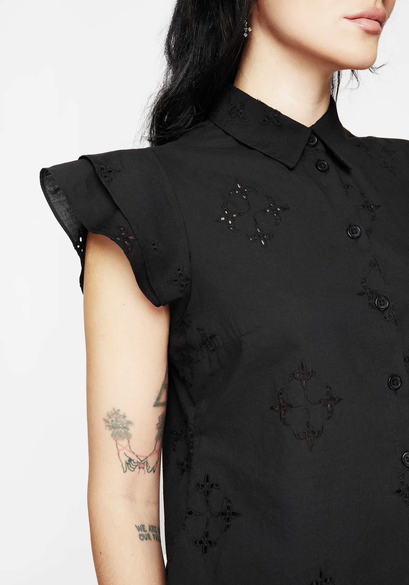 Crux Broderie Cotton Frill Sleeve Button Up Shirt - Image 2