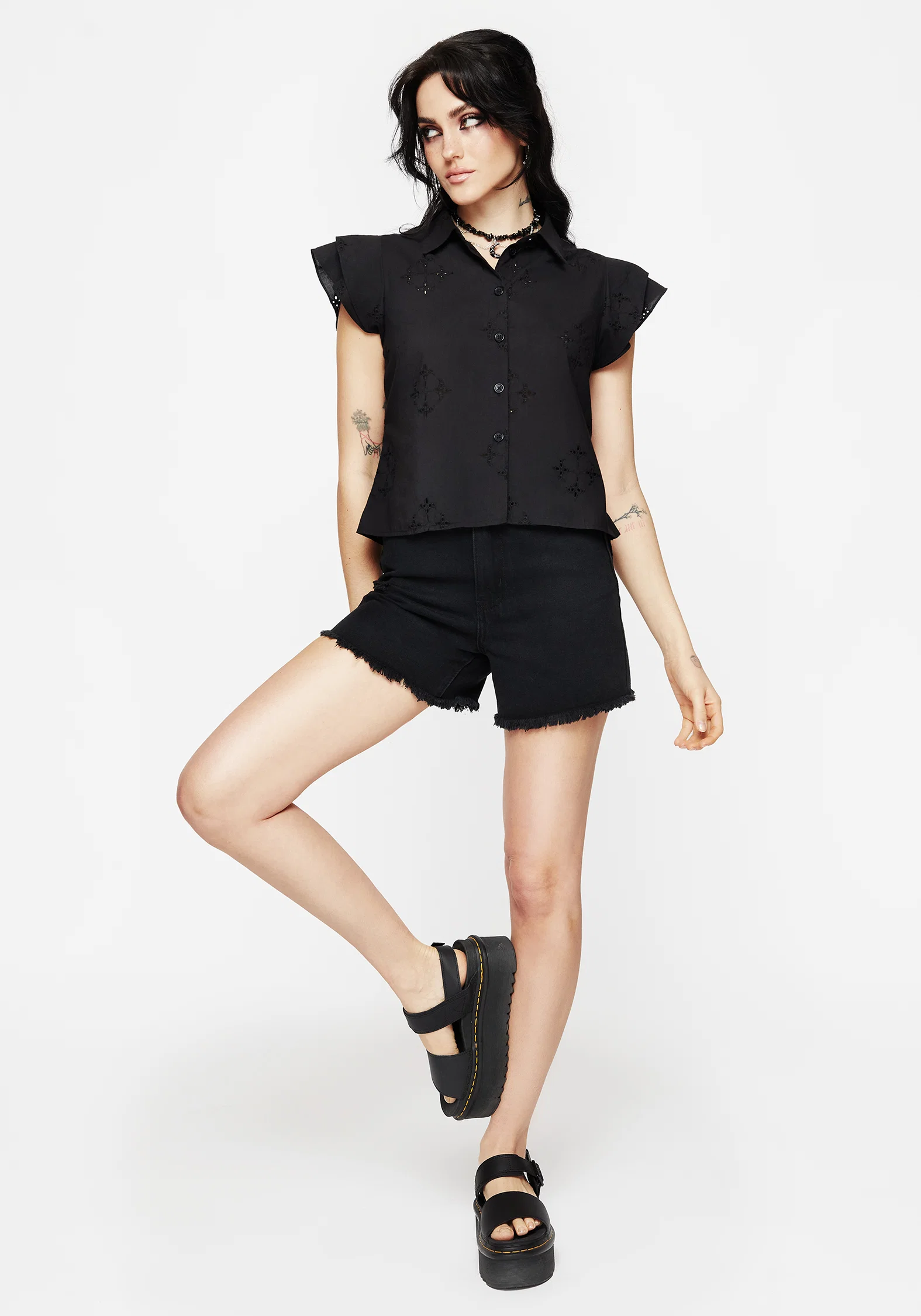 Crux Broderie Cotton Frill Sleeve Button Up Shirt - Image 4