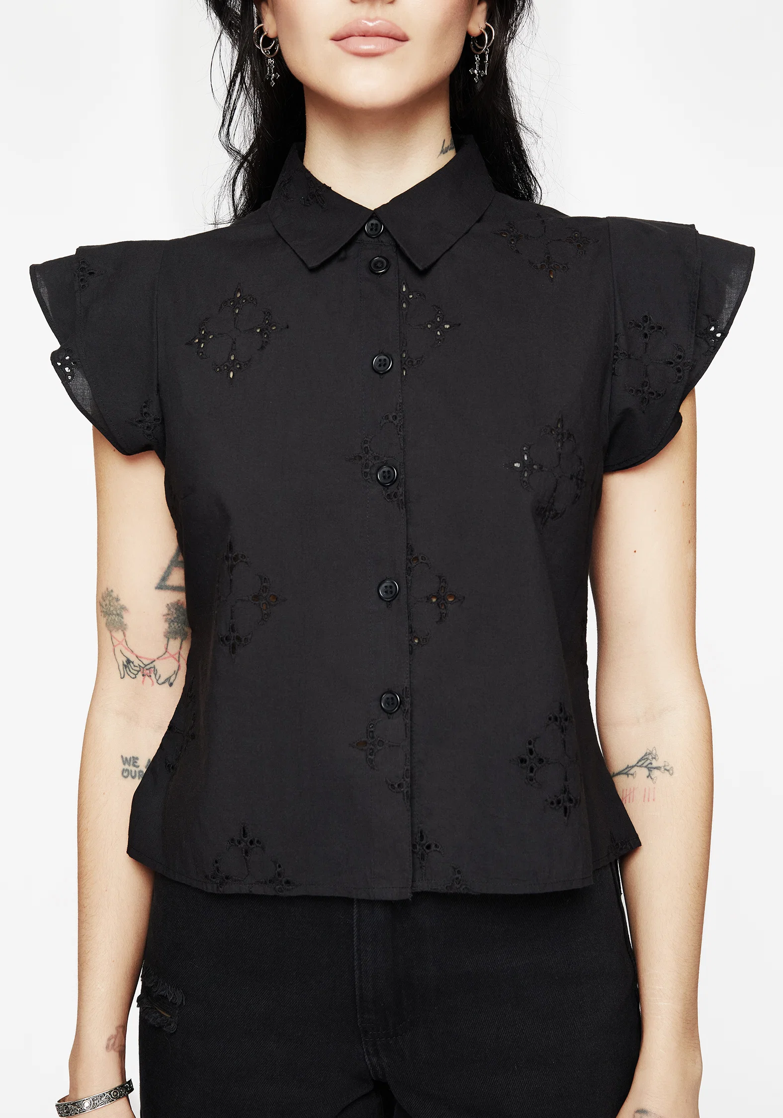Crux Broderie Cotton Frill Sleeve Button Up Shirt - Image 6