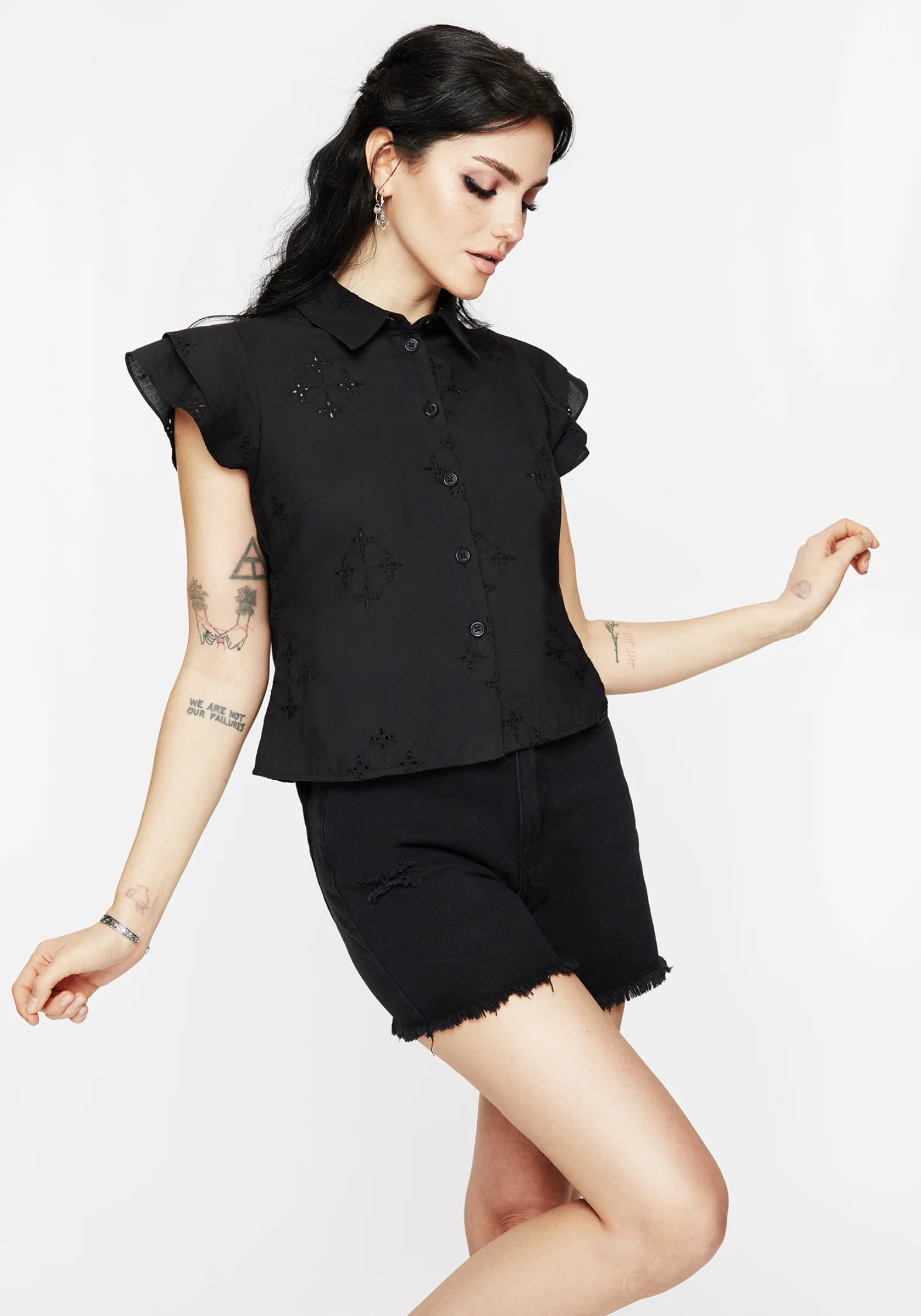 Crux Broderie Cotton Frill Sleeve Button Up Shirt - Image 7