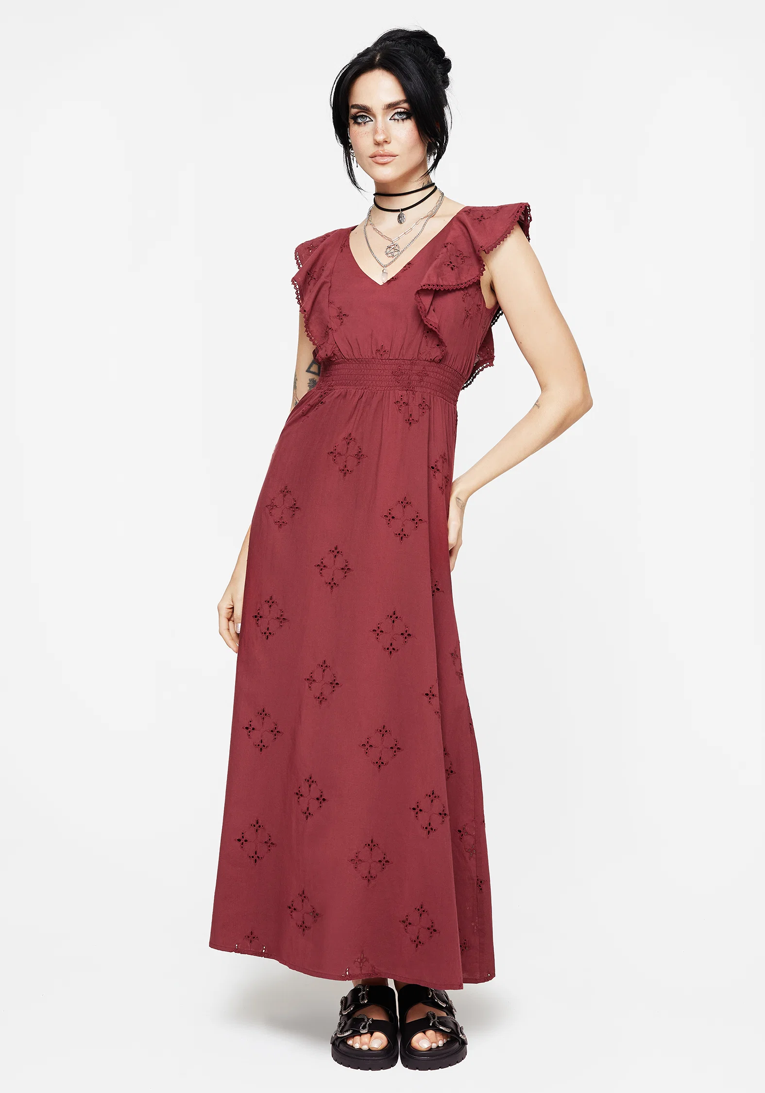 Crux Broderie Cotton V-Neck Frill Maxi Dress - Image 4