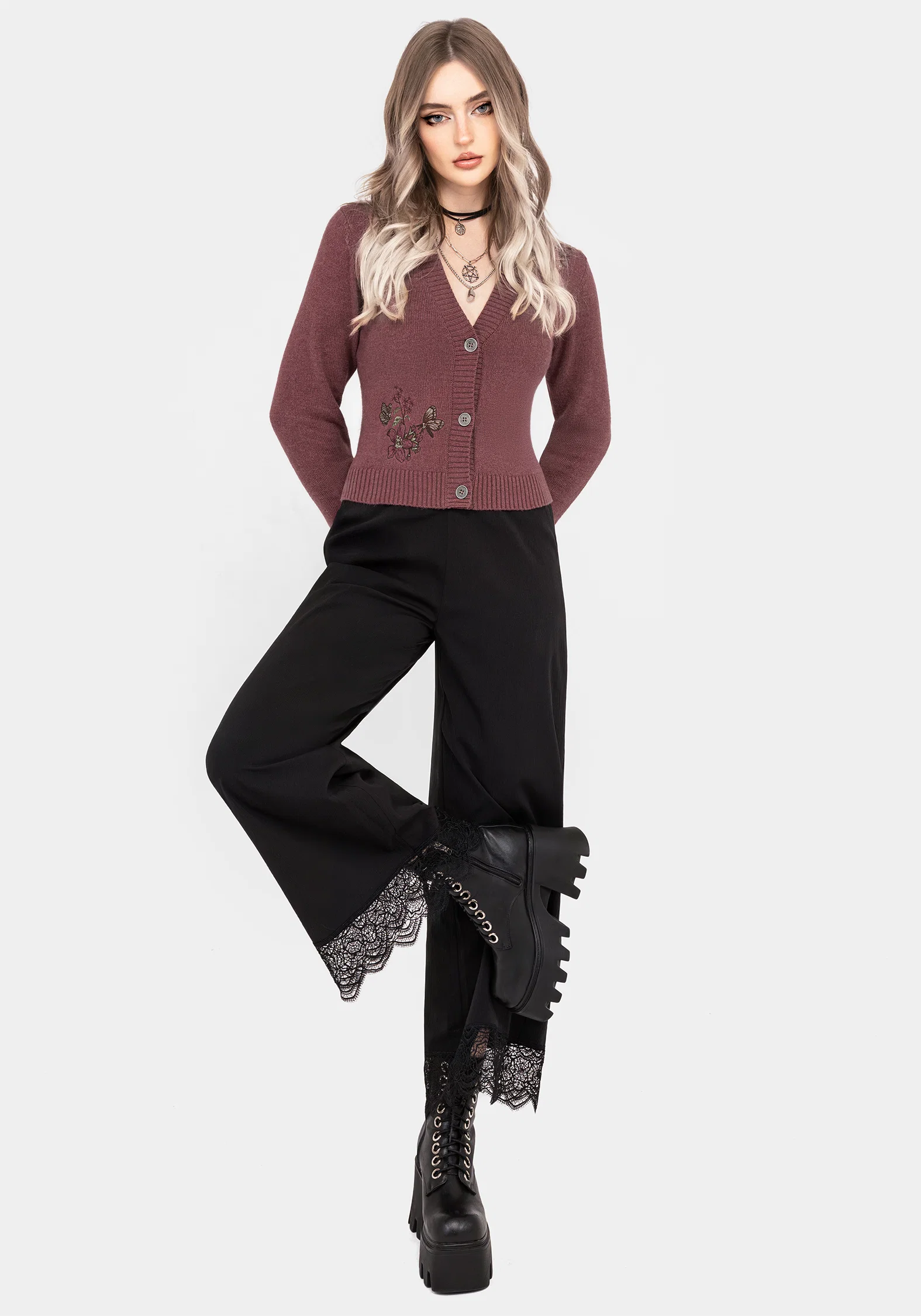Dana Floral Moth Embroidered Cardigan - Purple - Image 4