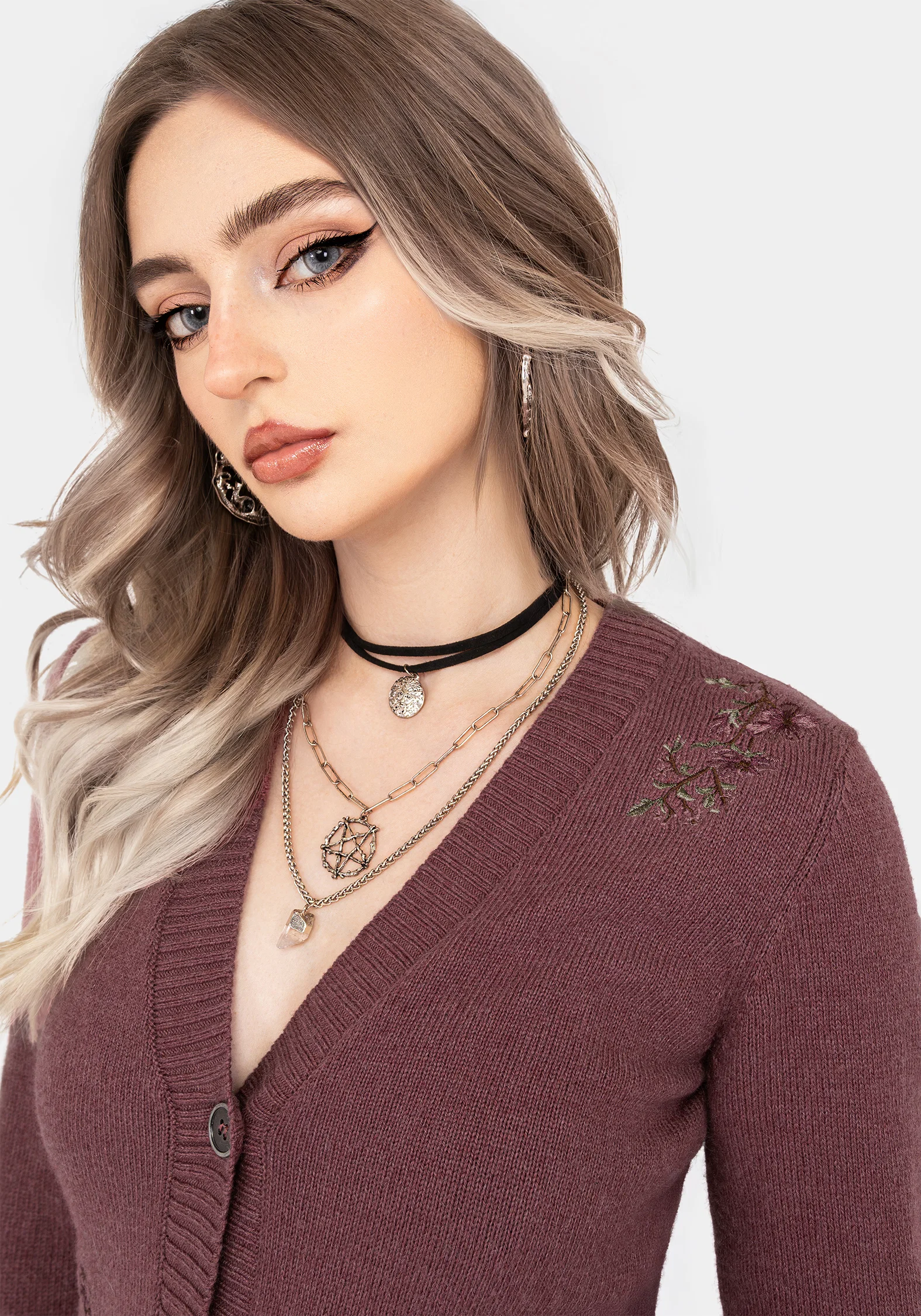 Dana Floral Moth Embroidered Cardigan - Purple - Image 5