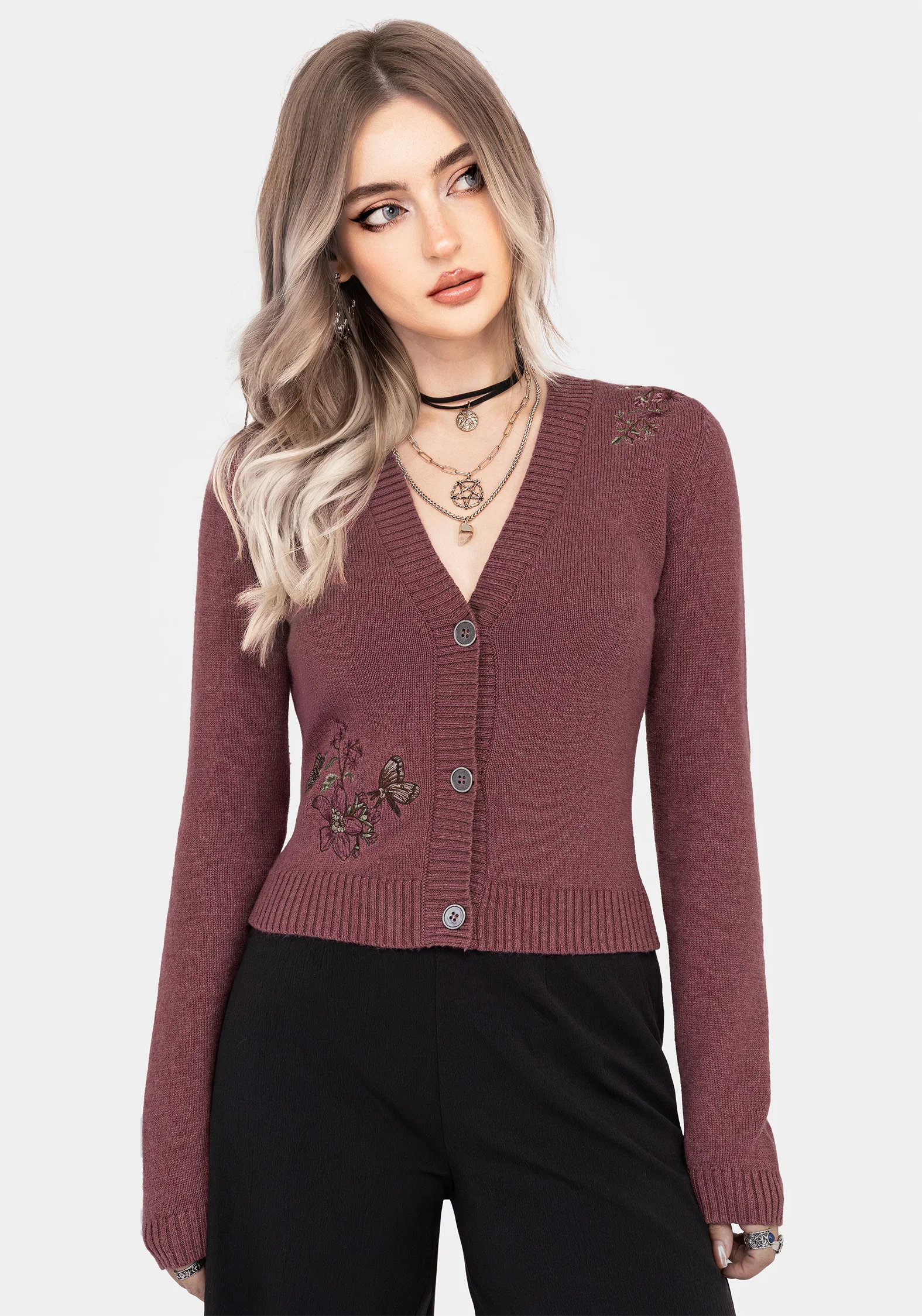 Dana Floral Moth Embroidered Cardigan - Purple - Image 6