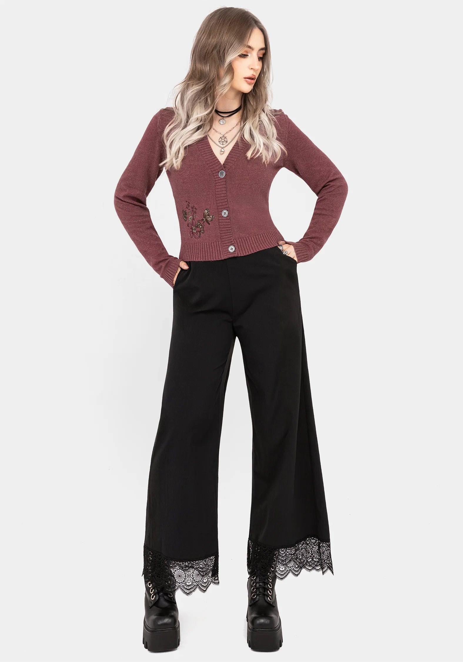 Dana Floral Moth Embroidered Cardigan - Purple - Image 7