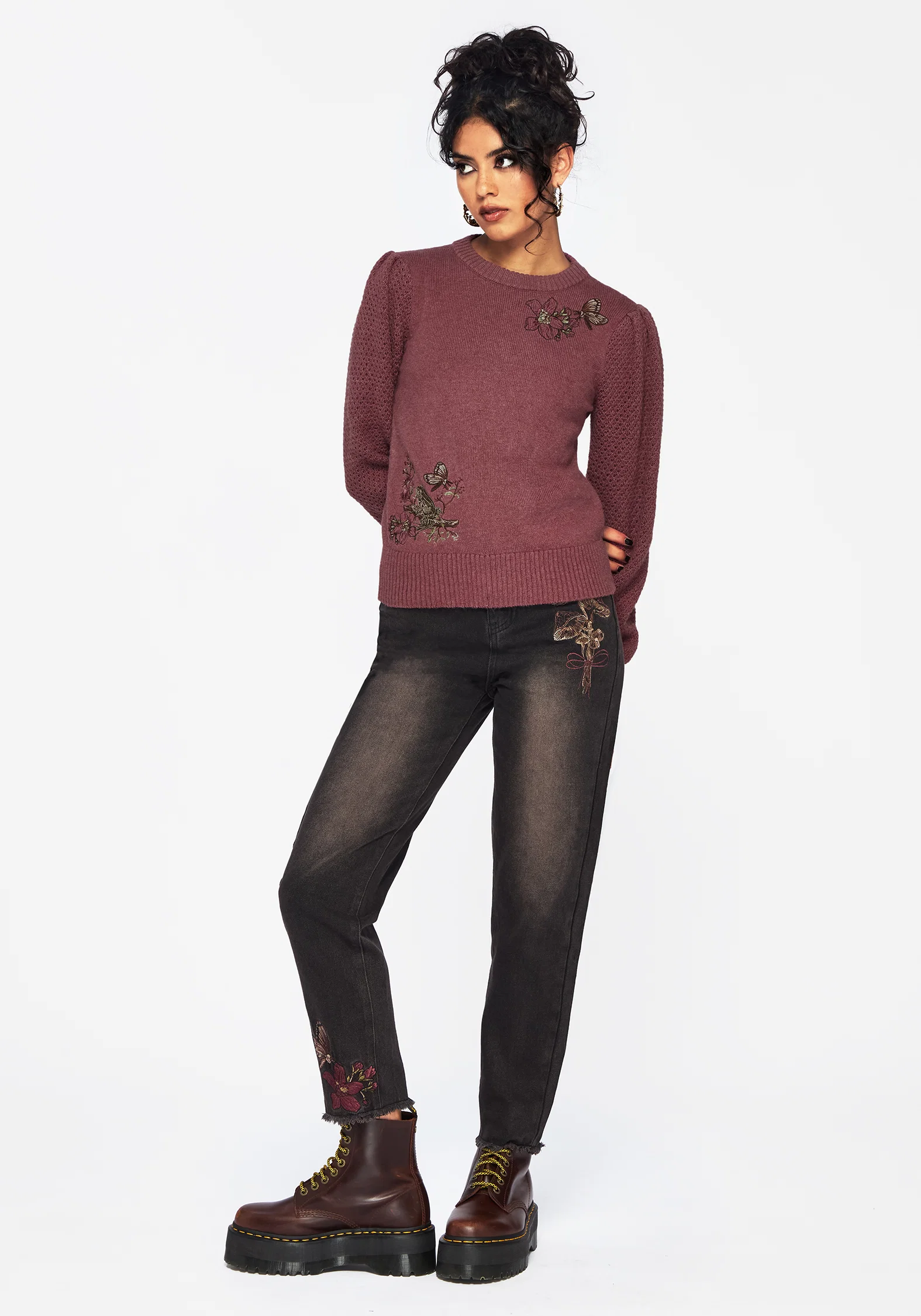 Dana Floral Moth Embroidered Jumper - Purple - Image 4