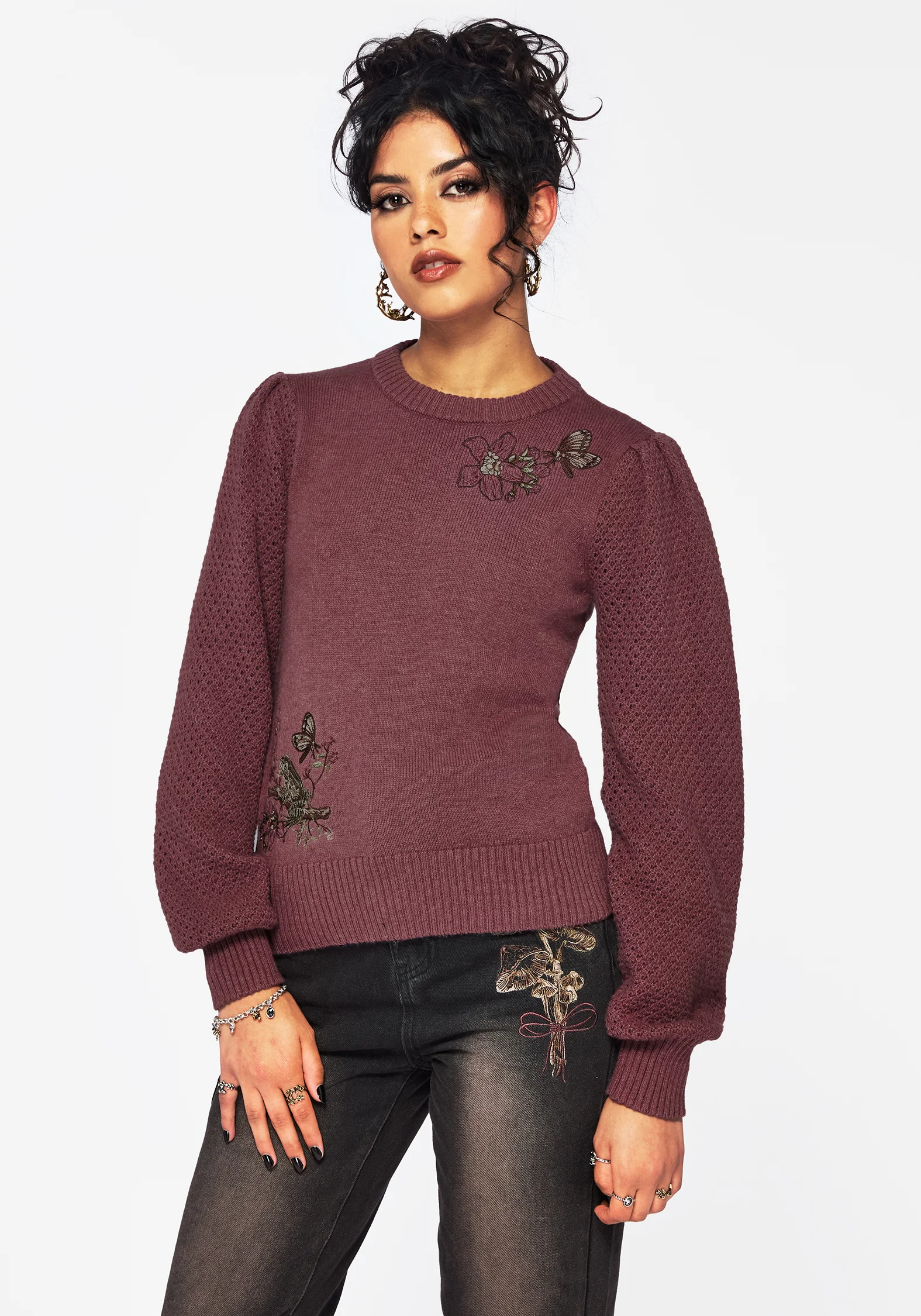 Dana Floral Moth Embroidered Jumper - Purple - Image 6