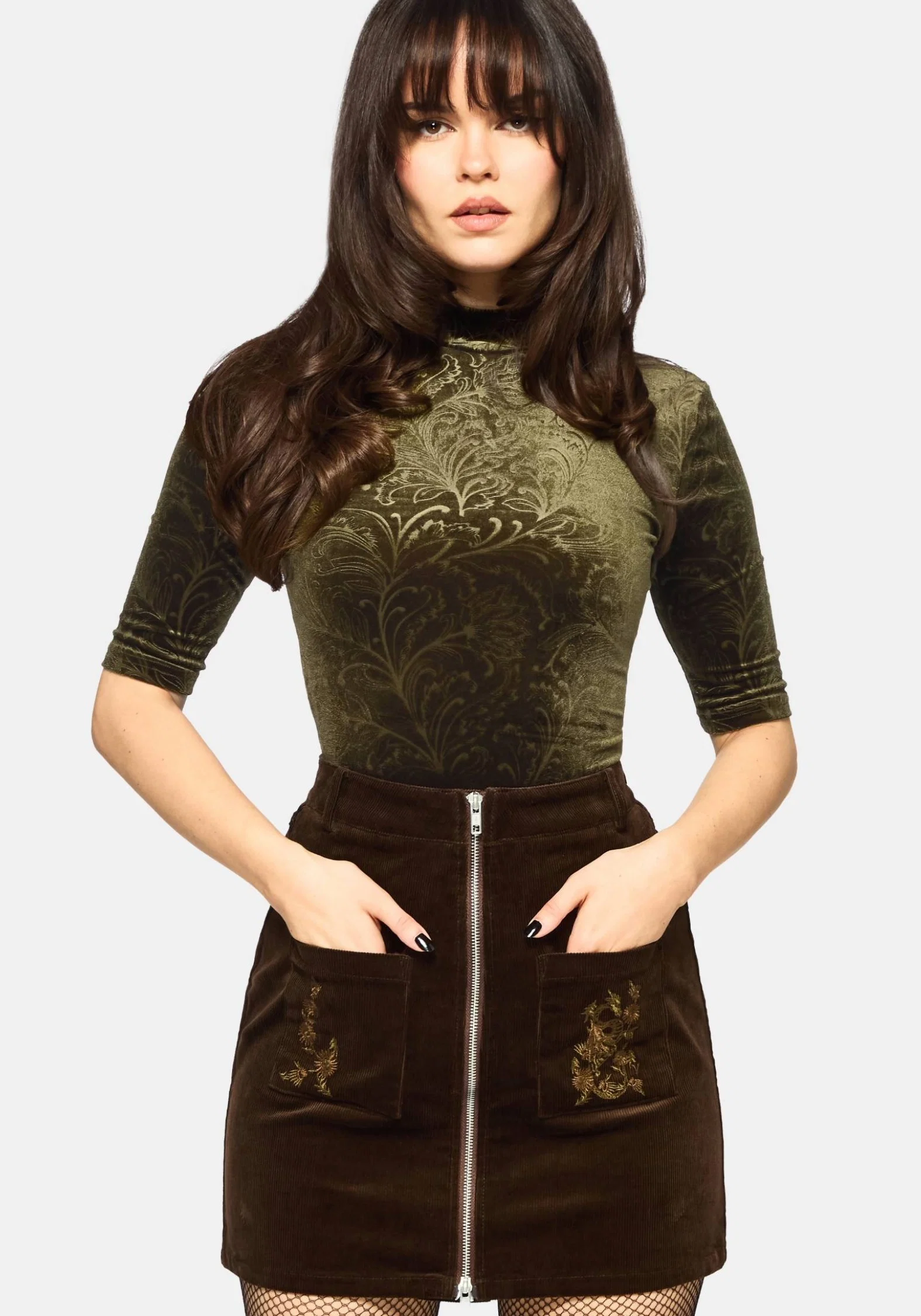 Darkling Cotton Embroidered Pocket Detail Cord Mini Skirt - Image 4