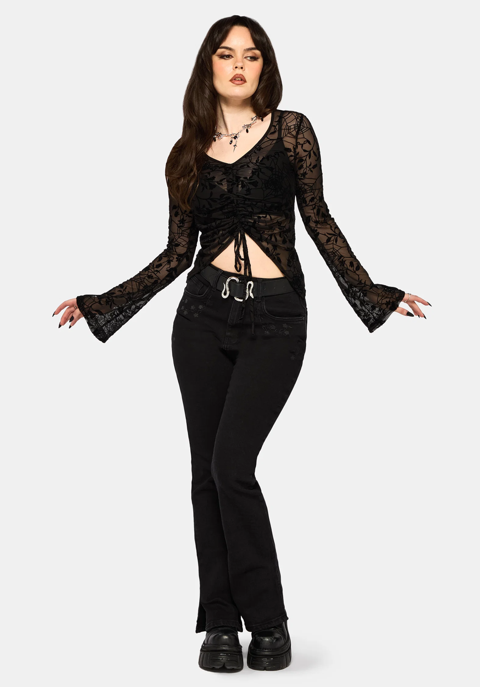 Deadly Nightshade Flocked Mesh Ruched Top - Image 5