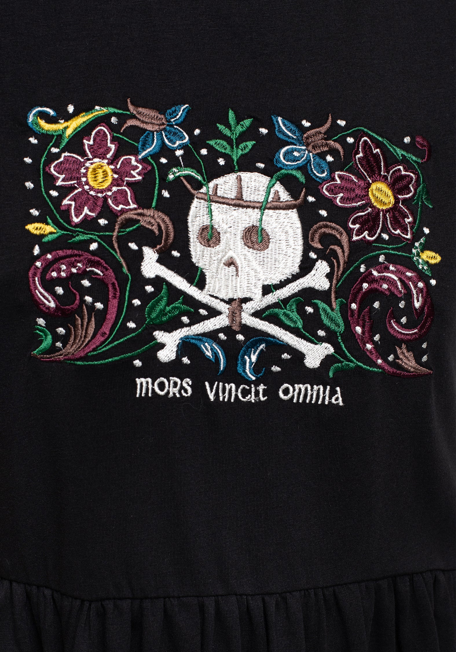 Death Conquers All Floral Skull Embroidered Mini Skater Dress - Image 2