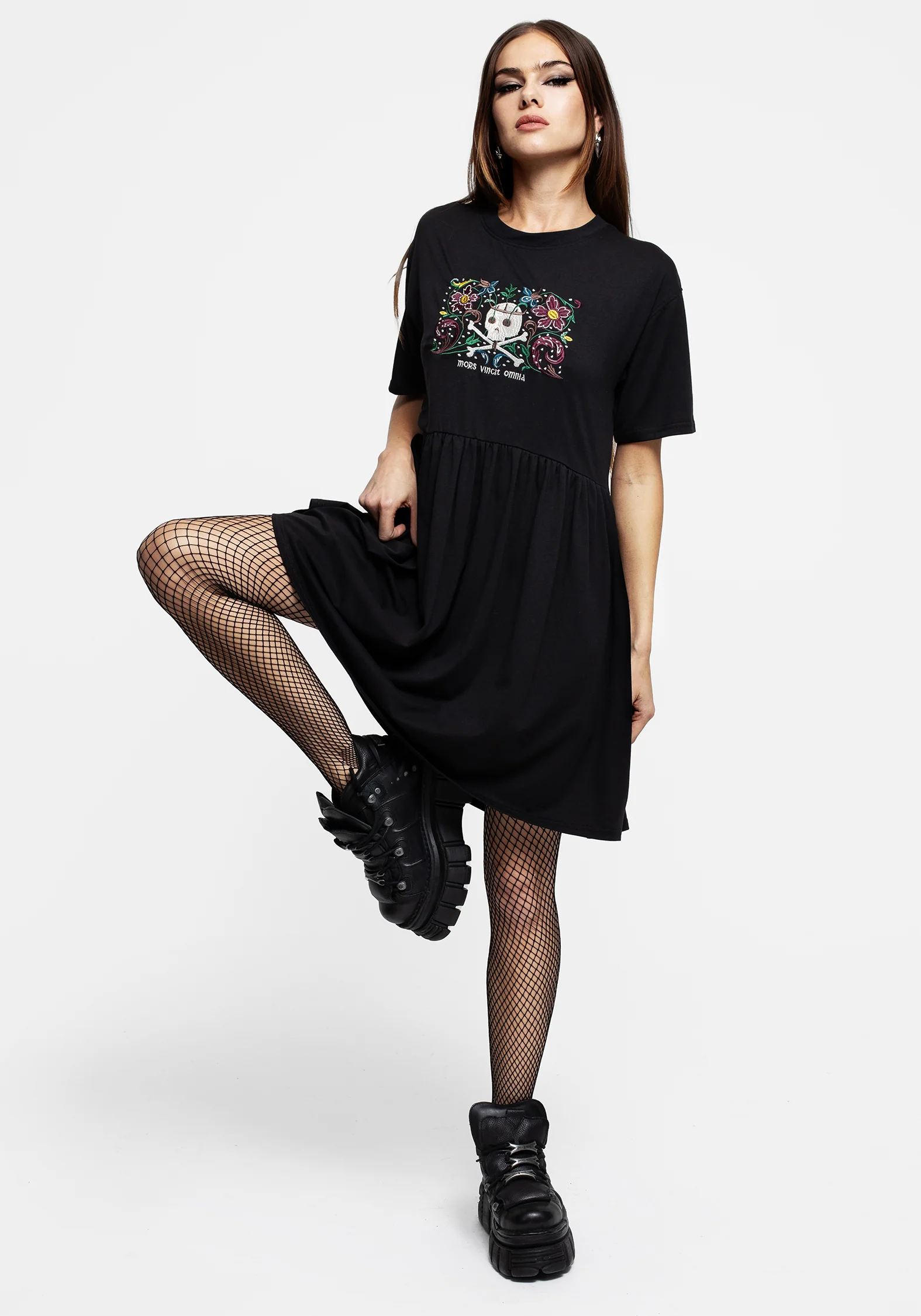 Death Conquers All Floral Skull Embroidered Mini Skater Dress - Image 4