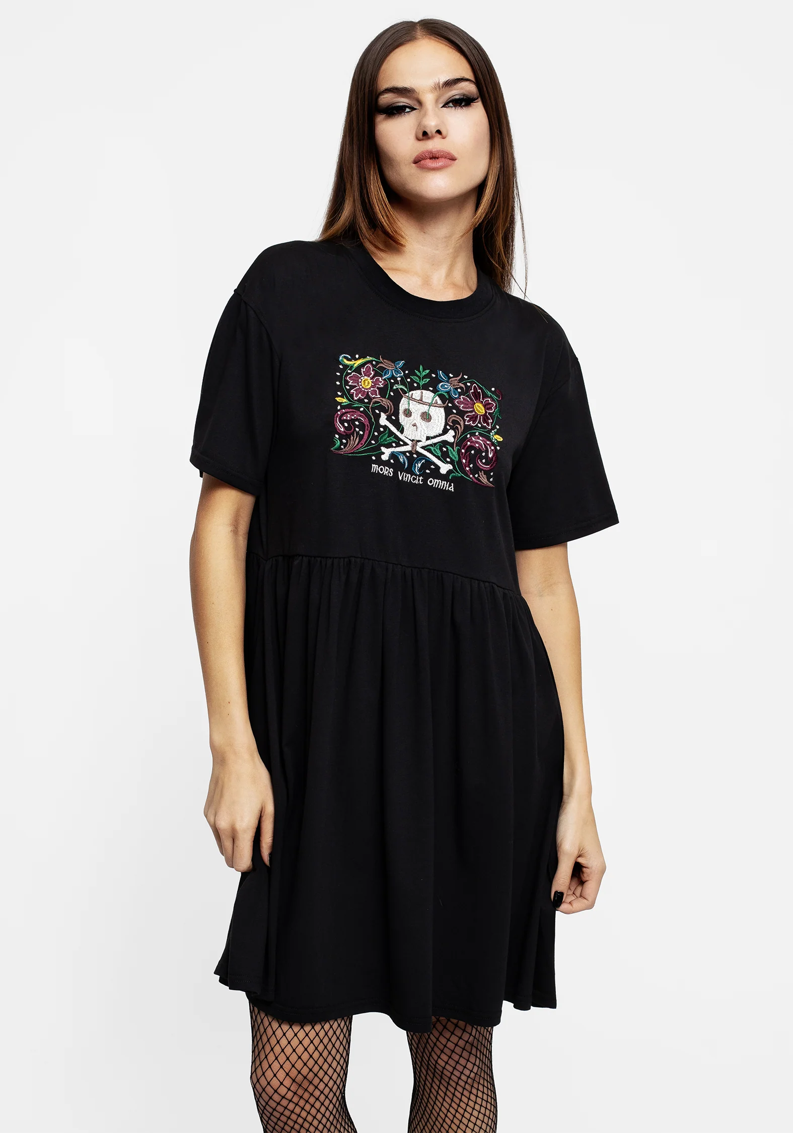 Death Conquers All Floral Skull Embroidered Mini Skater Dress - Image 5