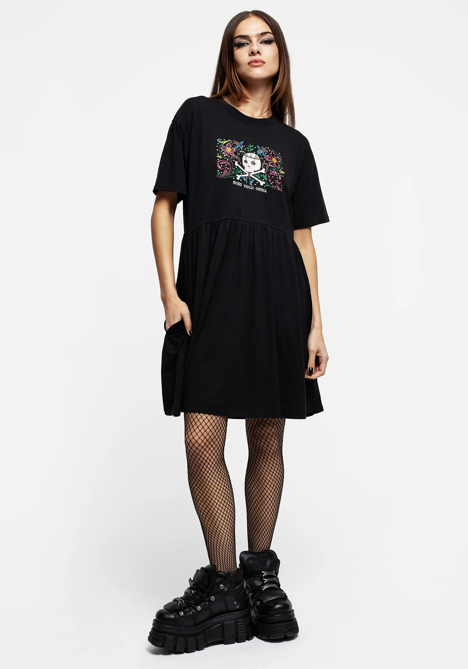 Death Conquers All Floral Skull Embroidered Mini Skater Dress - Image 6