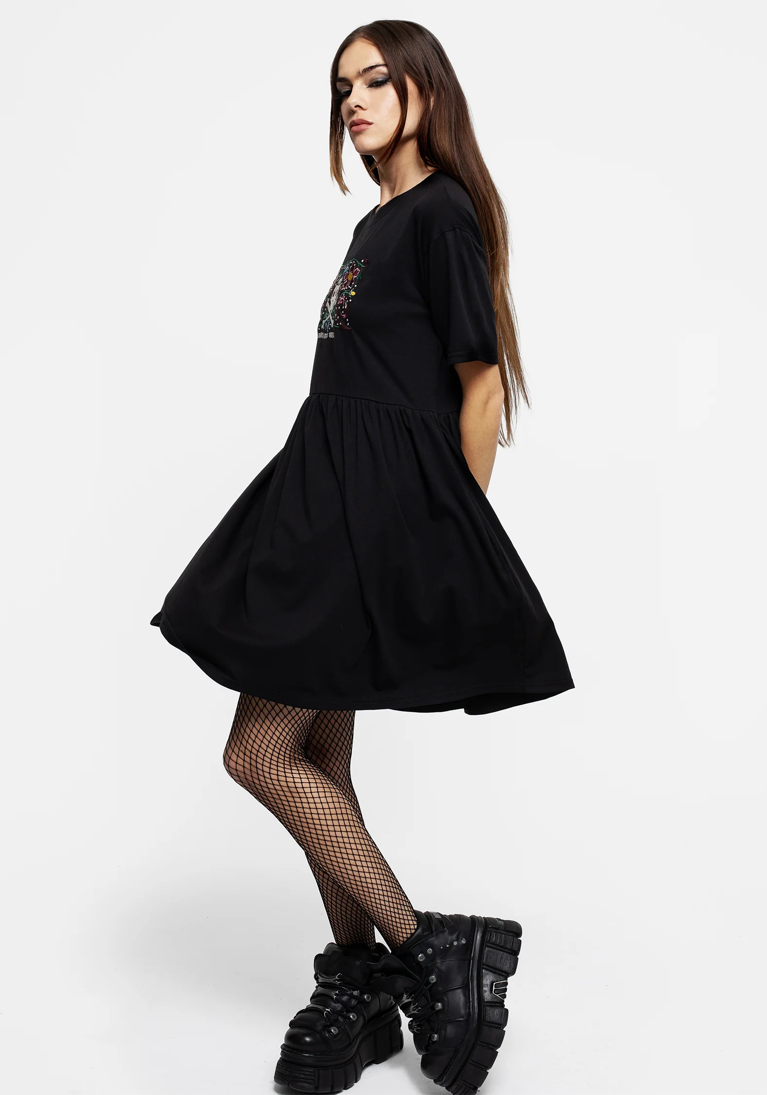 Death Conquers All Floral Skull Embroidered Mini Skater Dress - Image 7