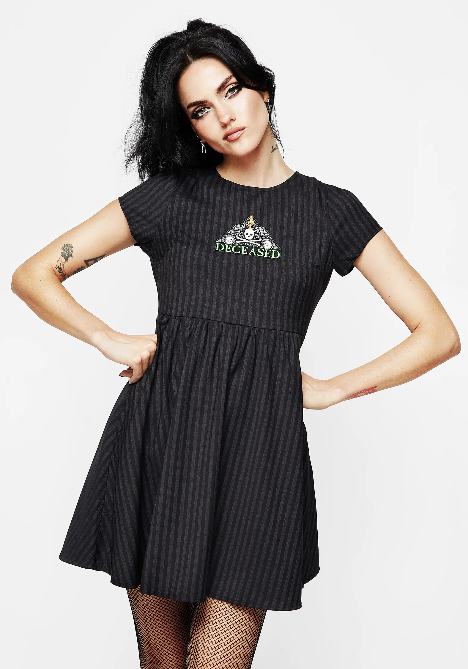 Deceased Embroidered Striped Mini Skater Dress - Image 5
