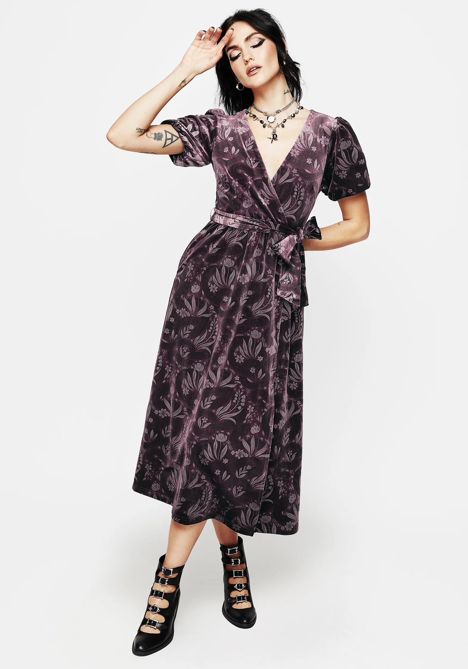 Deception Snake Foil Print Velour Midi Wrap Dress - Image 2