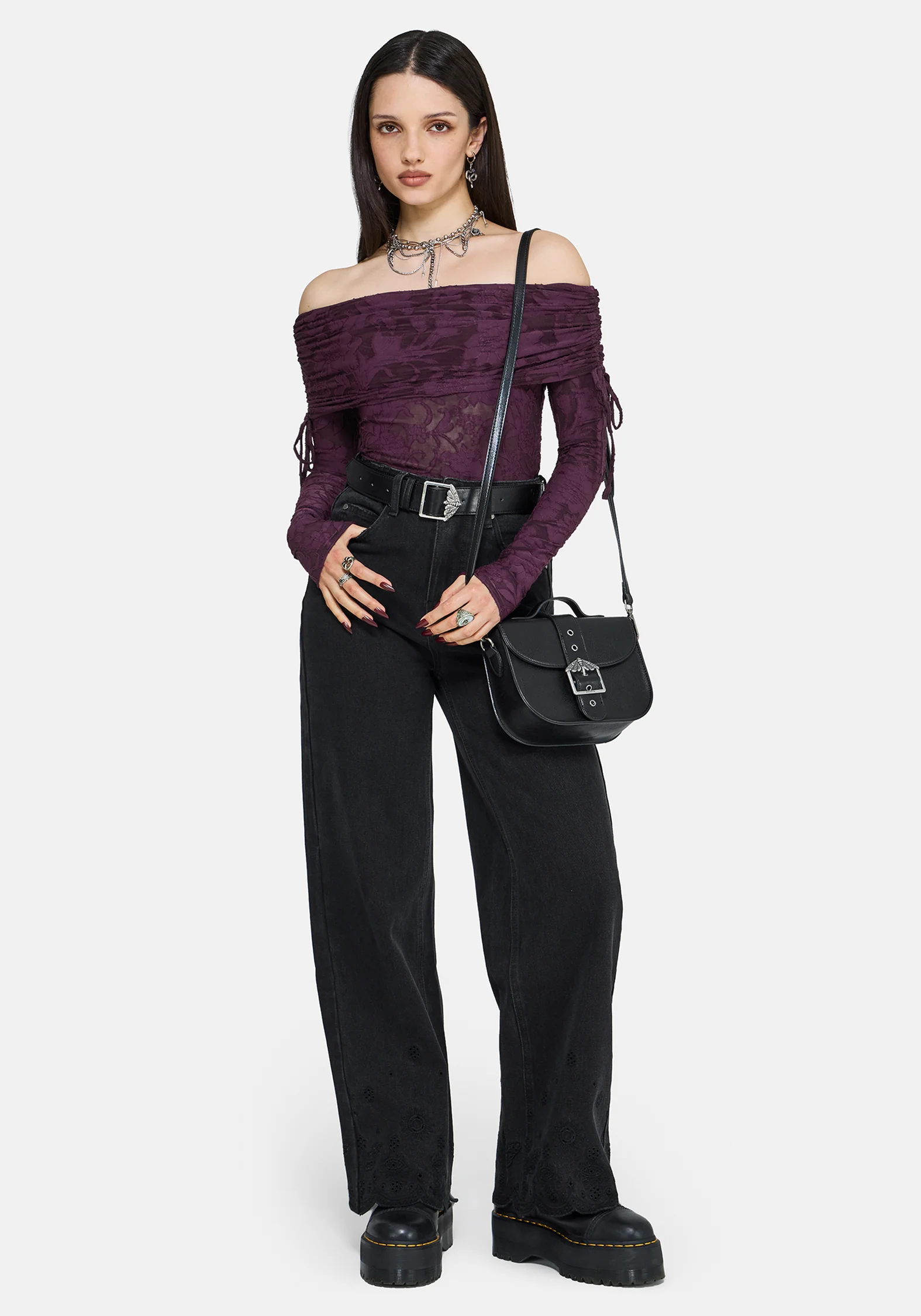 Demi Devore Ruched Off The Shoulder Top - Plum - Image 3