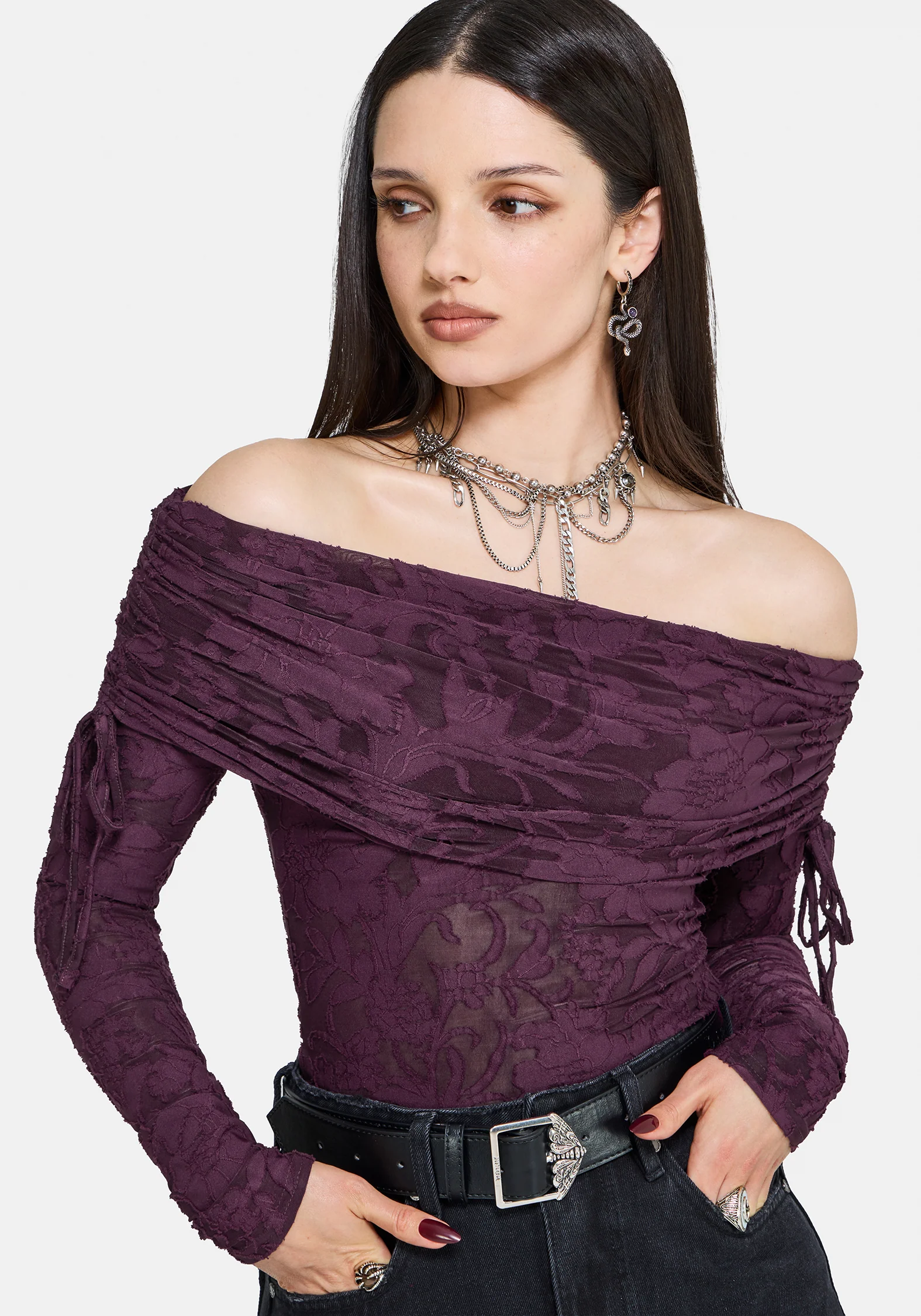 Demi Devore Ruched Off The Shoulder Top - Plum - Image 7