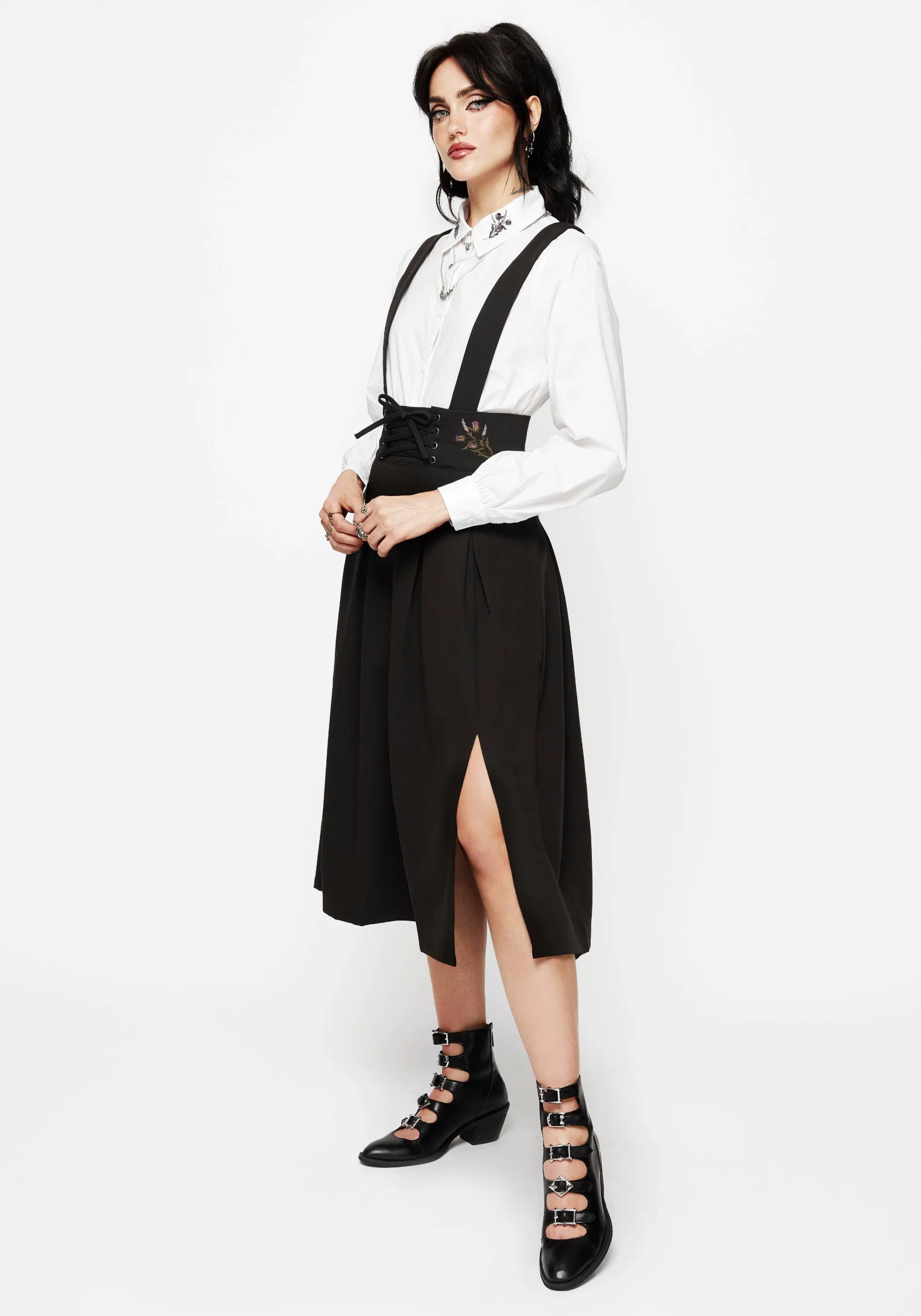 Despair Thistle Embroidered Tailored Pleated Pinafore Midi Skirt - Image 4