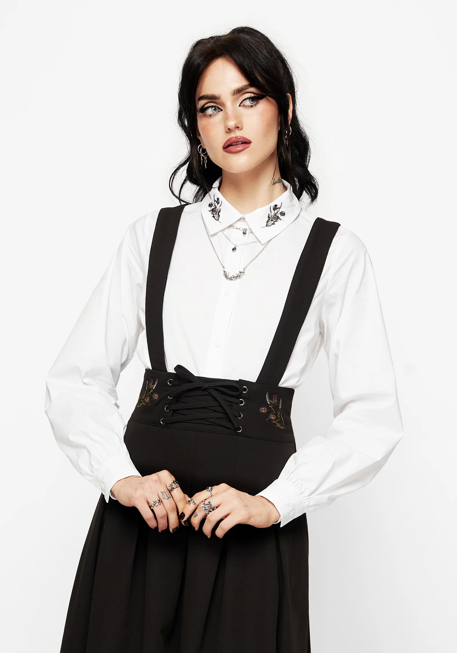 Despair Thistle Embroidered Tailored Pleated Pinafore Midi Skirt - Image 5