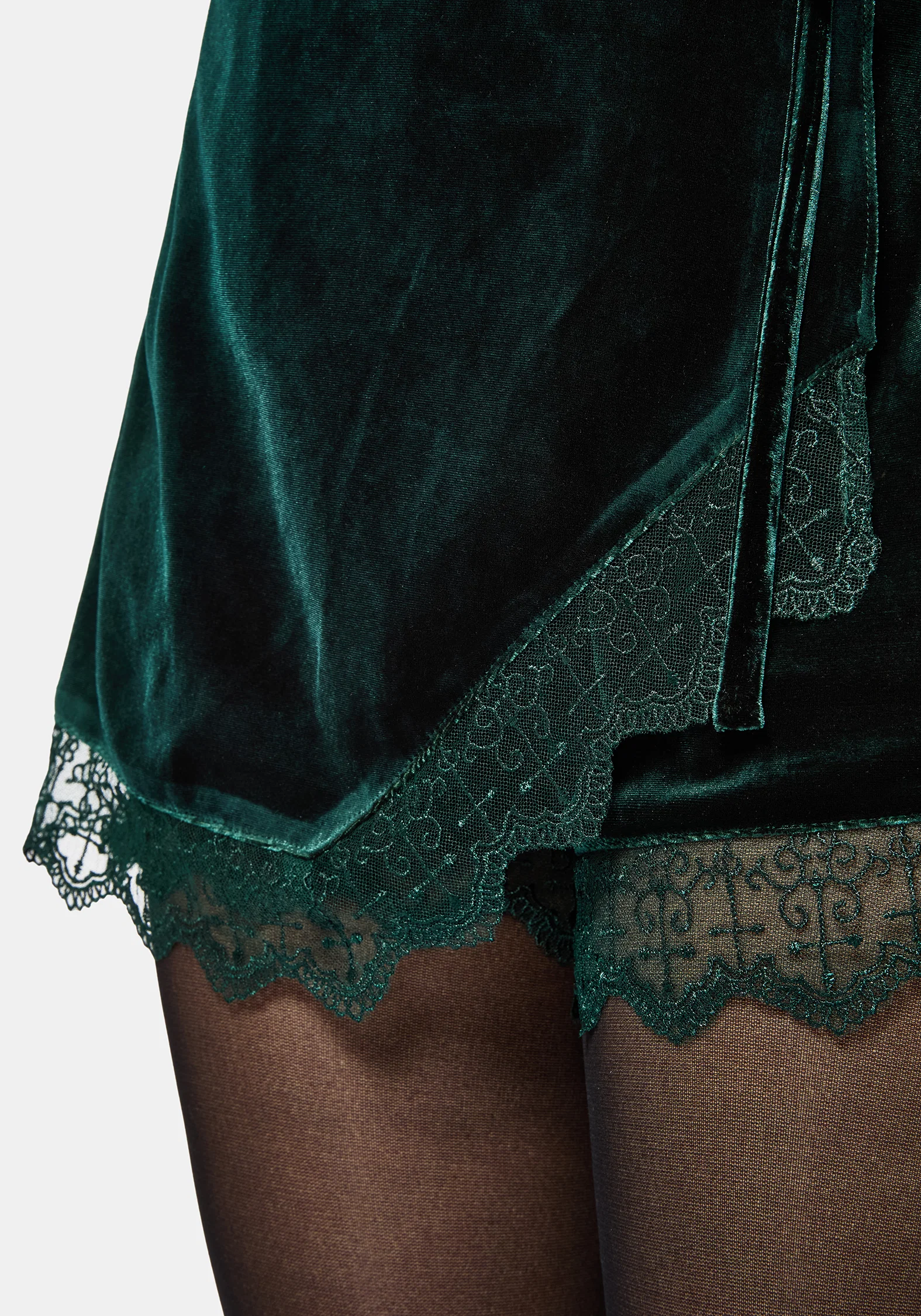 Deva Velour Lace Trim Tie Waist Skort - Dark Green - Image 2