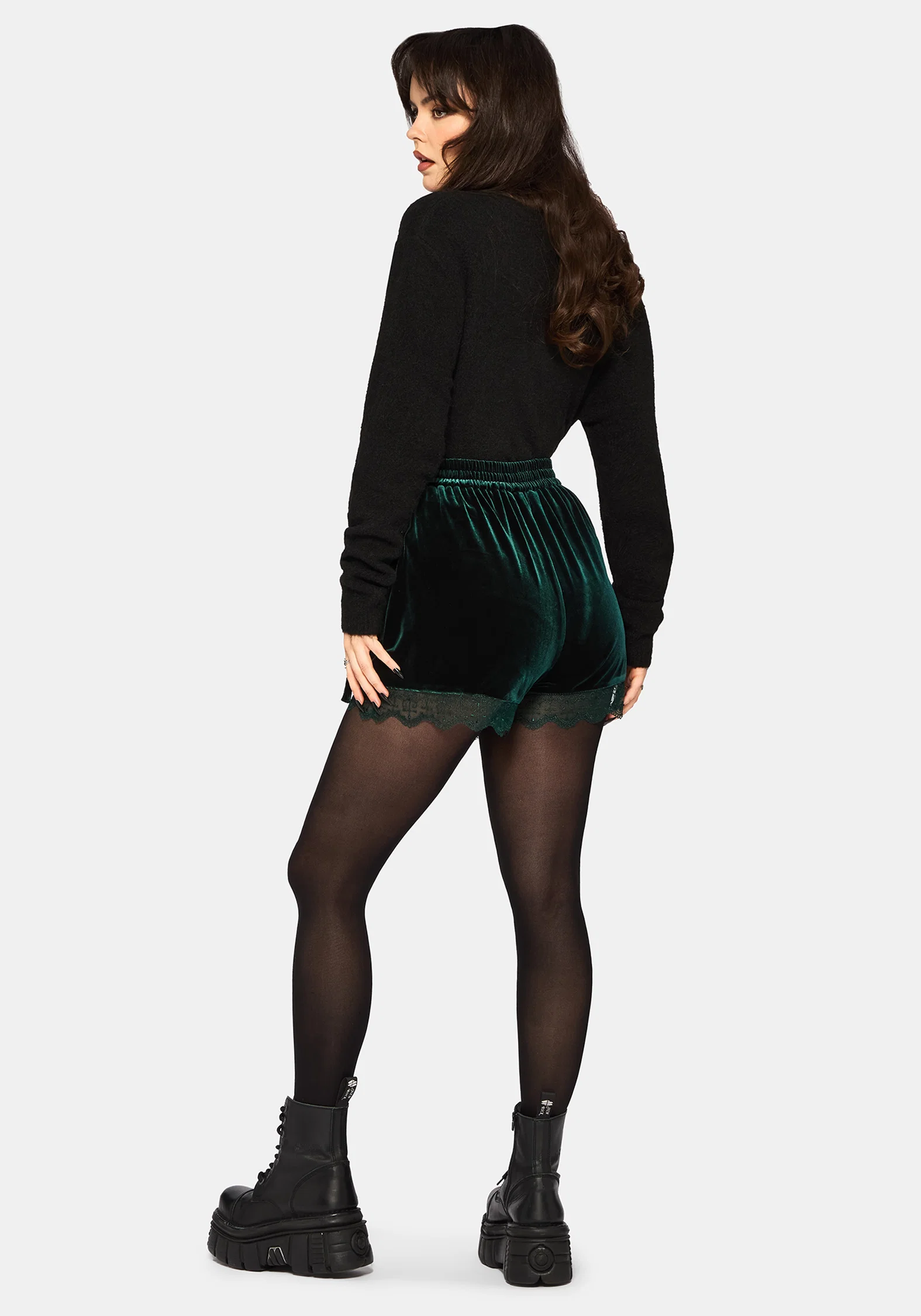Deva Velour Lace Trim Tie Waist Skort - Dark Green - Image 3