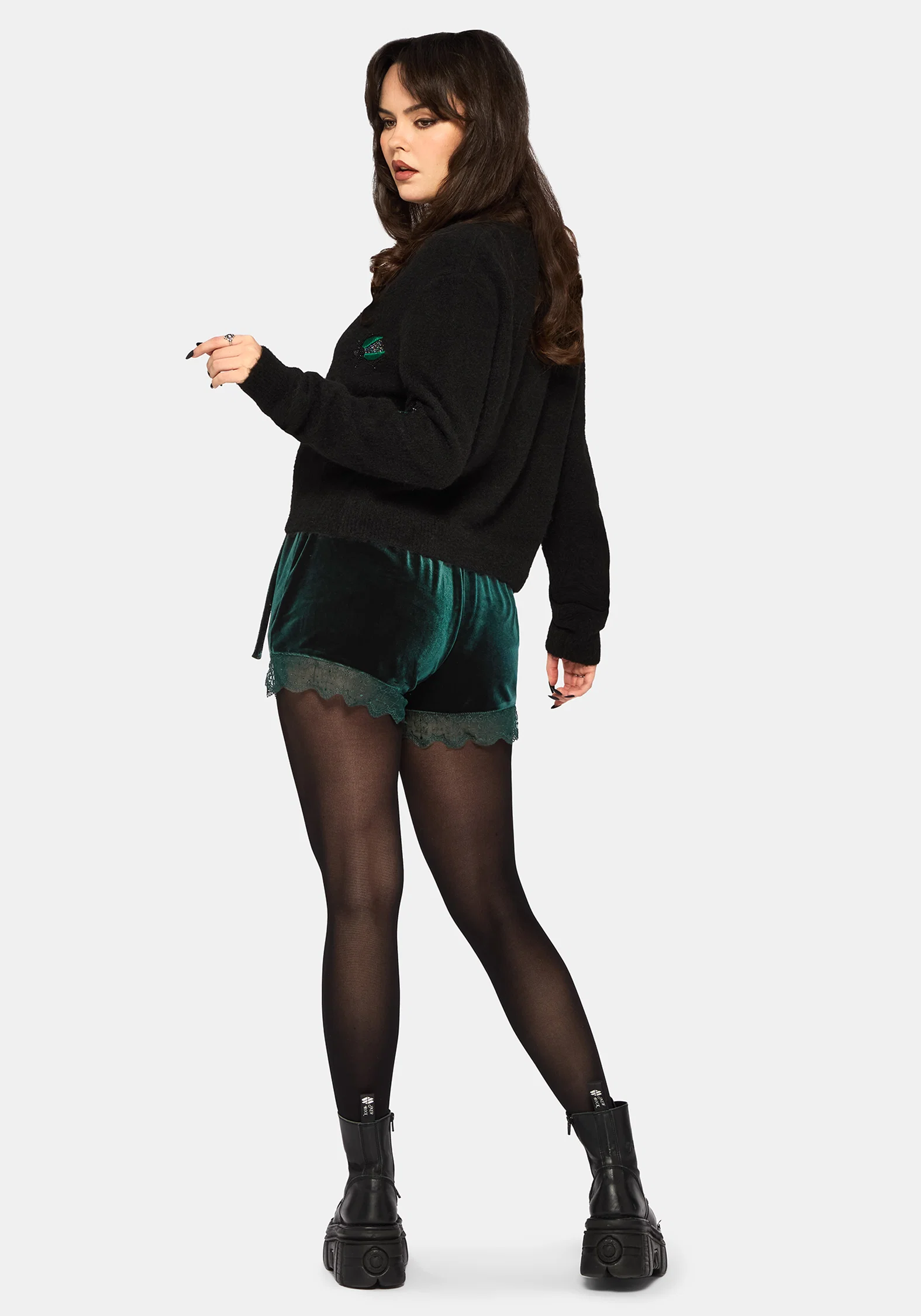 Deva Velour Lace Trim Tie Waist Skort - Dark Green - Image 6