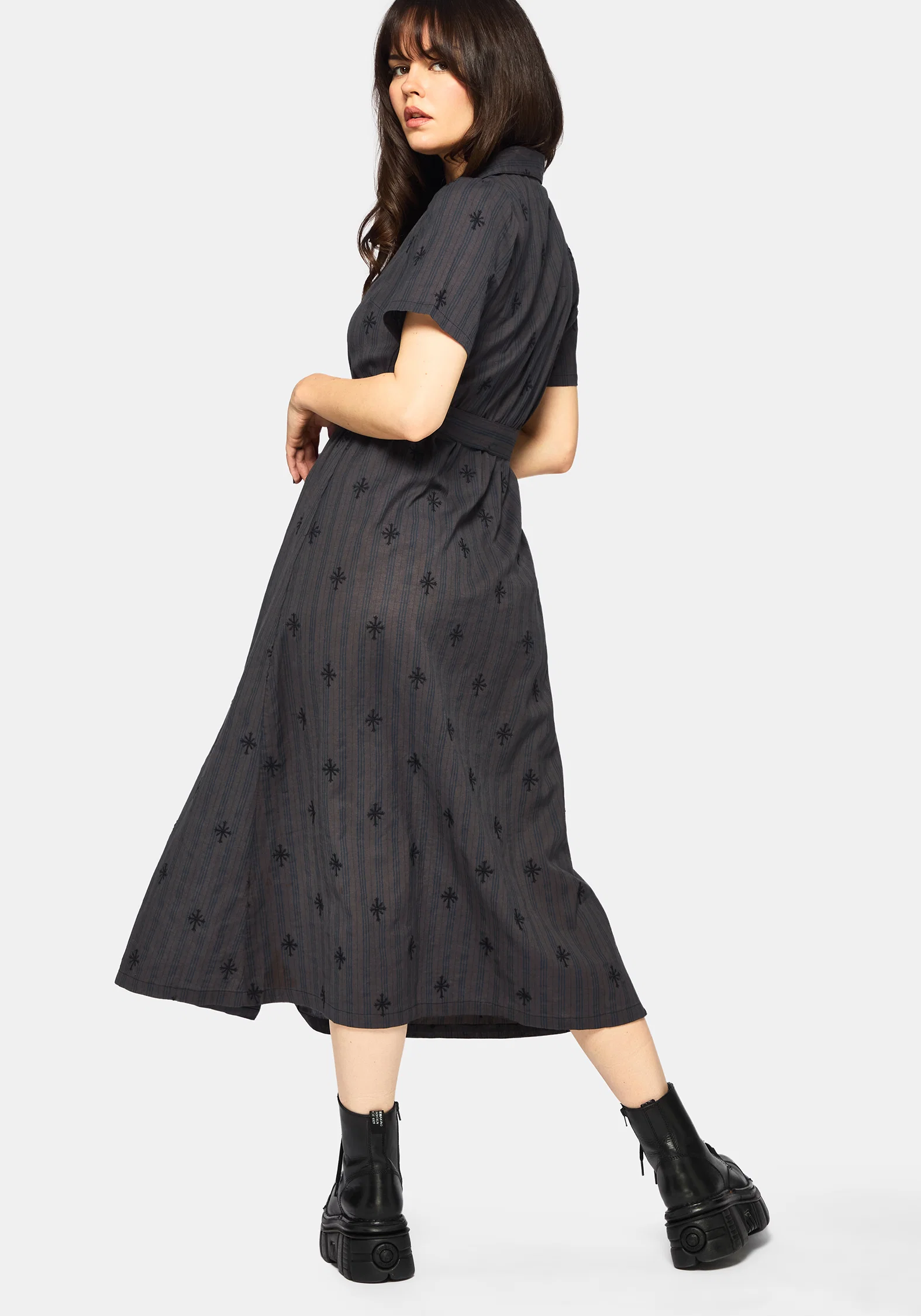 Diana Cotton Blend Stripe Cross Embroidered Midaxi Shirt Dress - Image 3