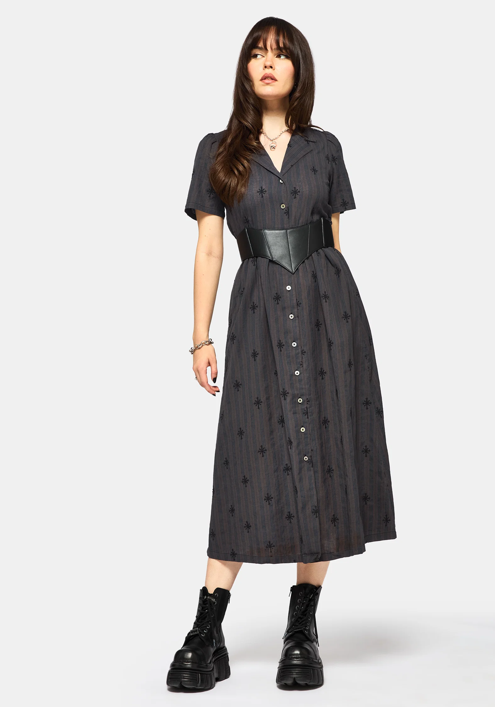 Diana Cotton Blend Stripe Cross Embroidered Midaxi Shirt Dress - Image 4