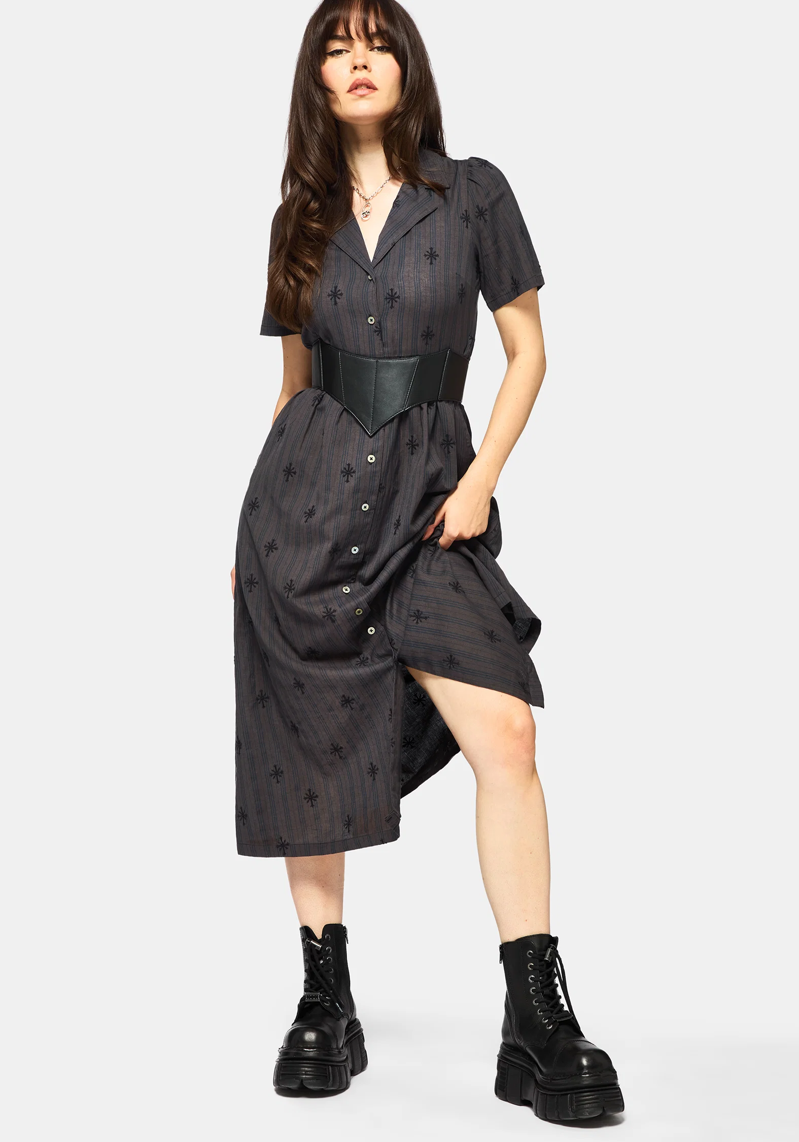 Diana Cotton Blend Stripe Cross Embroidered Midaxi Shirt Dress - Image 5