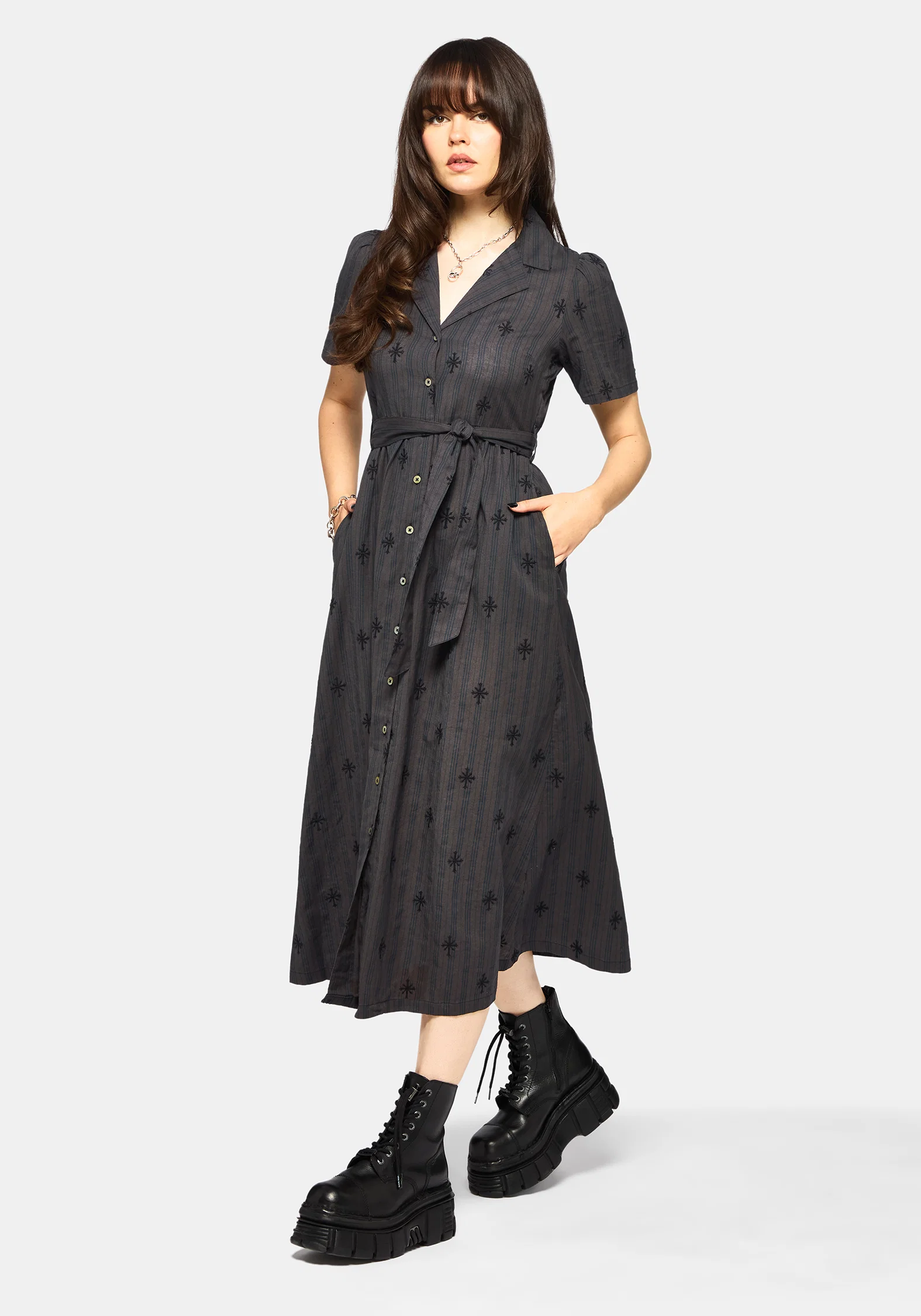 Diana Cotton Blend Stripe Cross Embroidered Midaxi Shirt Dress - Image 6