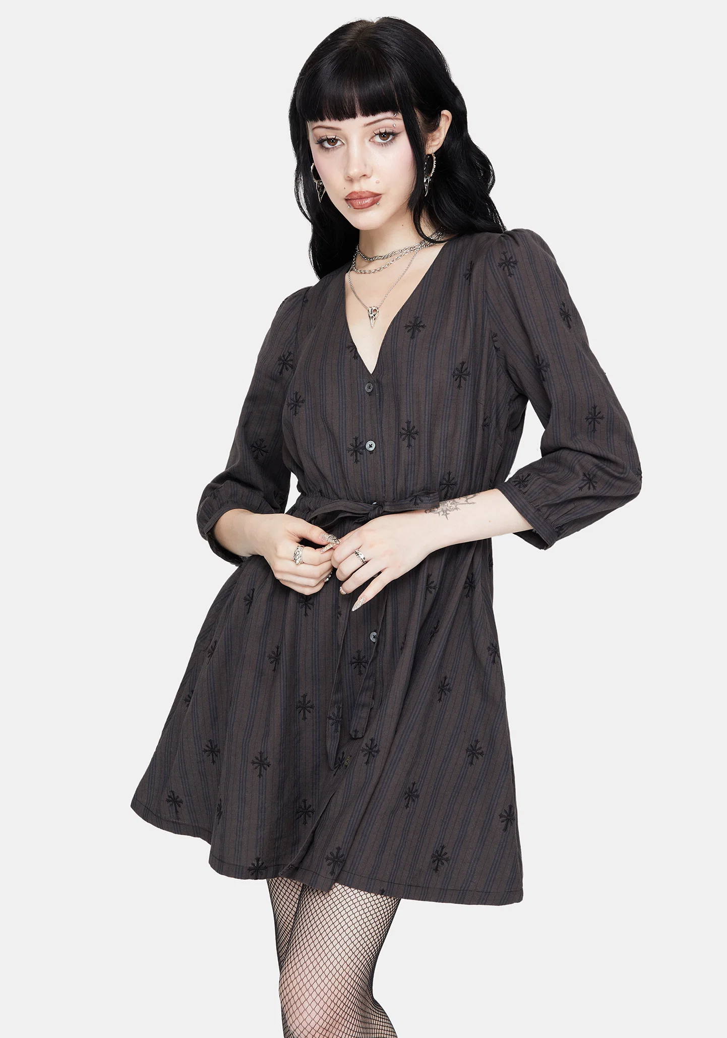 Diana Cotton Blend Stripe Cross Embroidered Mini Dress - Image 4