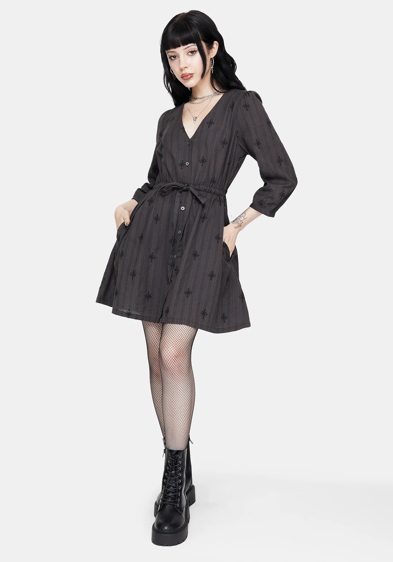 Diana Cotton Blend Stripe Cross Embroidered Mini Dress - Image 5