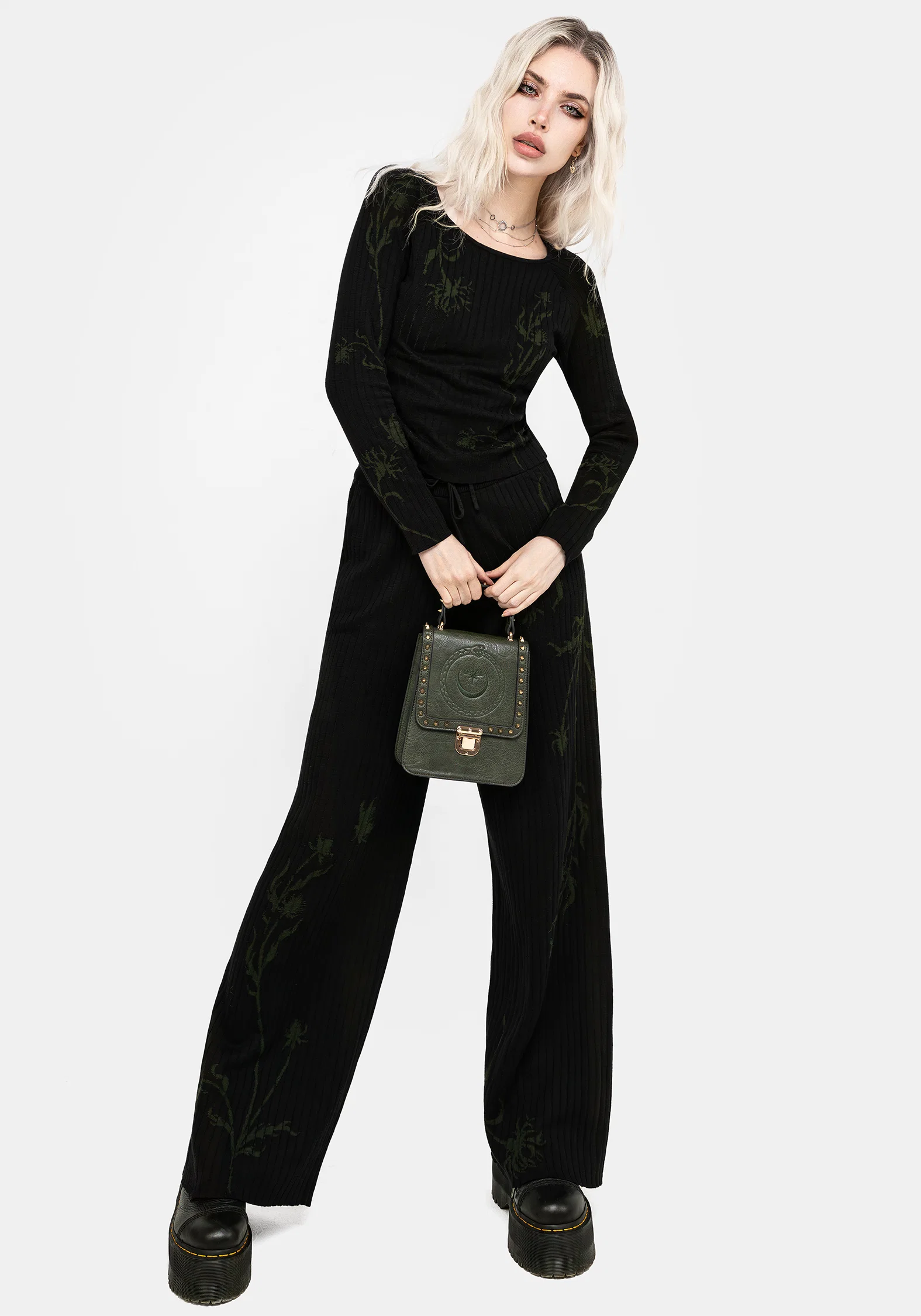 Diastella Floral Jacquard Rib Knit Raglan Sleeve Top - Black - Image 4