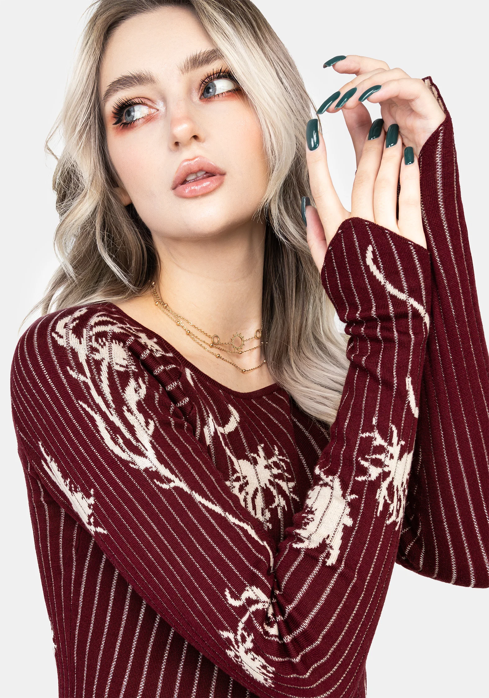 Diastella Floral Jacquard Rib Knit Raglan Sleeve Top - Red - Image 5