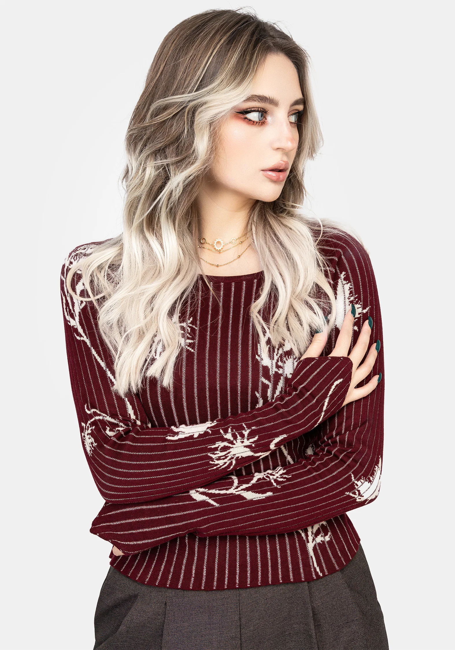 Diastella Floral Jacquard Rib Knit Raglan Sleeve Top - Red - Image 6