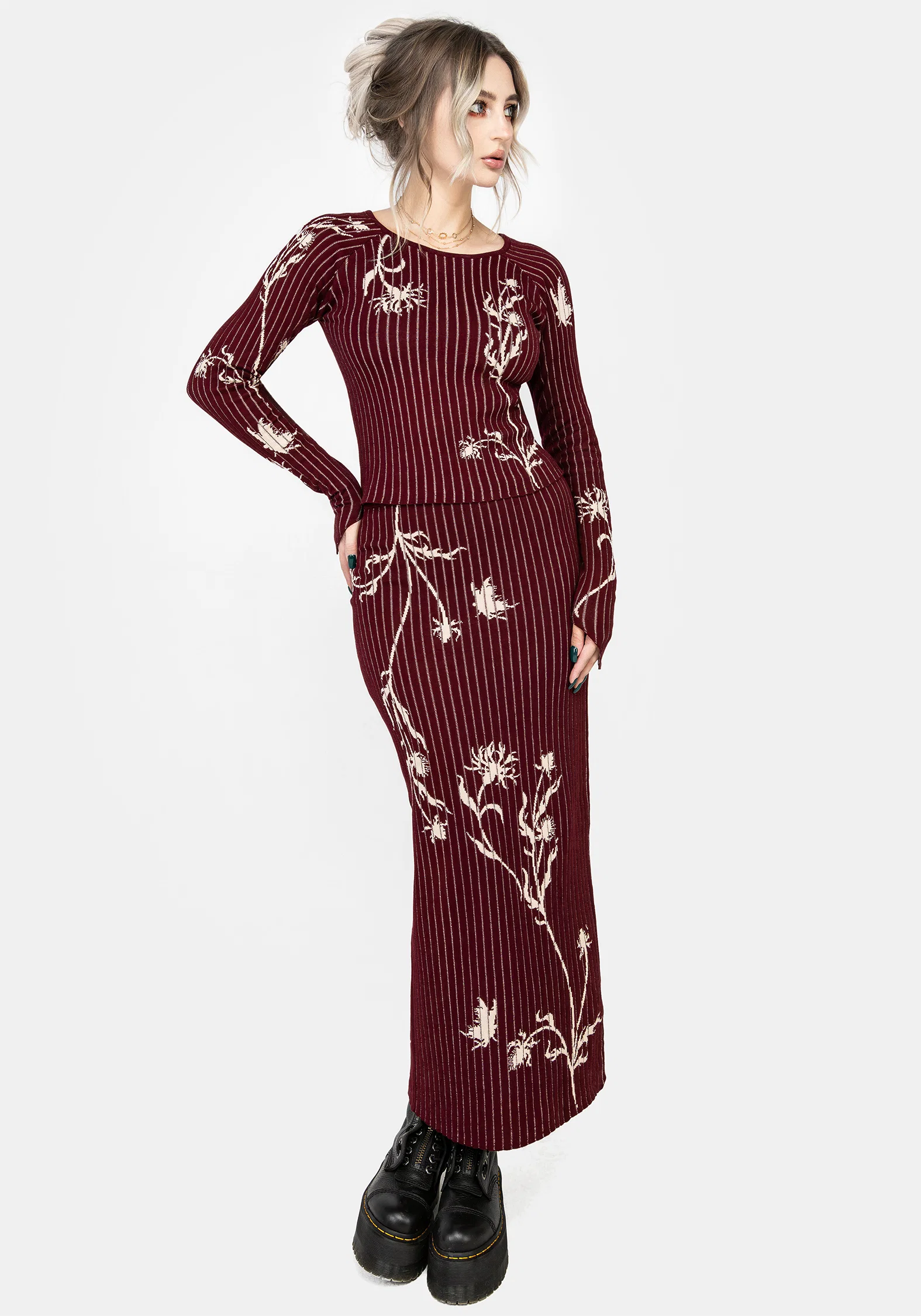 Diastella Floral Jacquard Rib Knit Raglan Sleeve Top - Red - Image 7