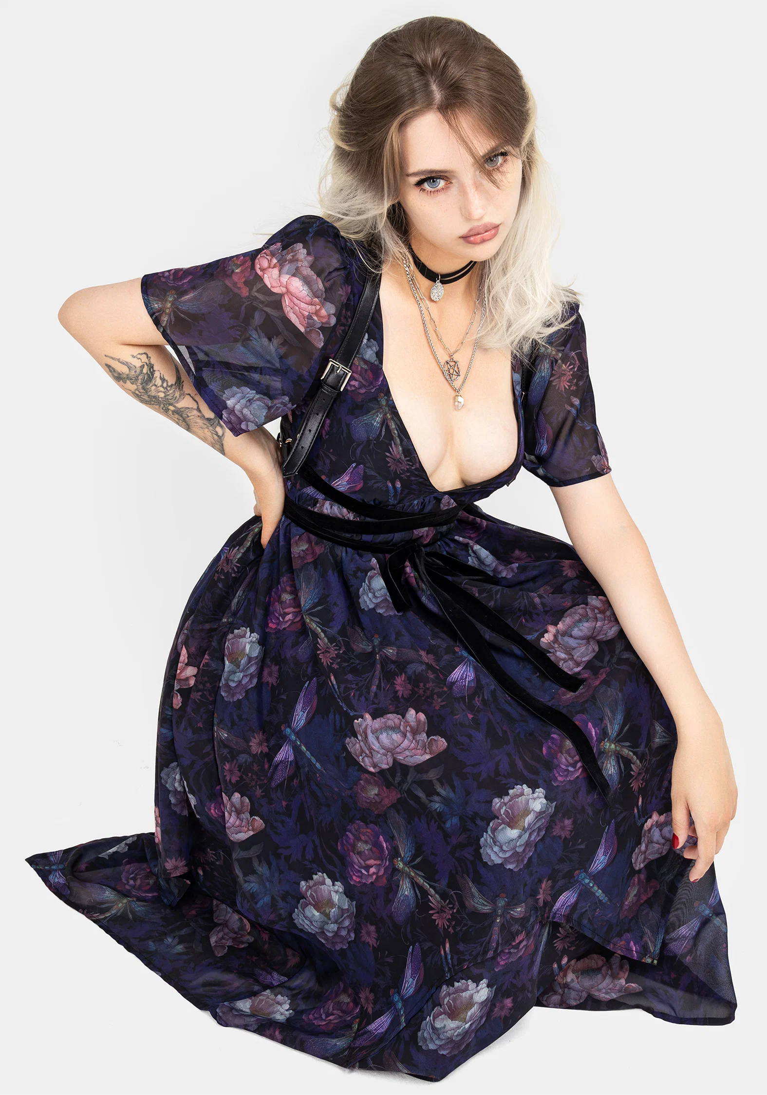 Dragonfly Floral Print Chiffon Handkerchief Hem Dress - Image 10