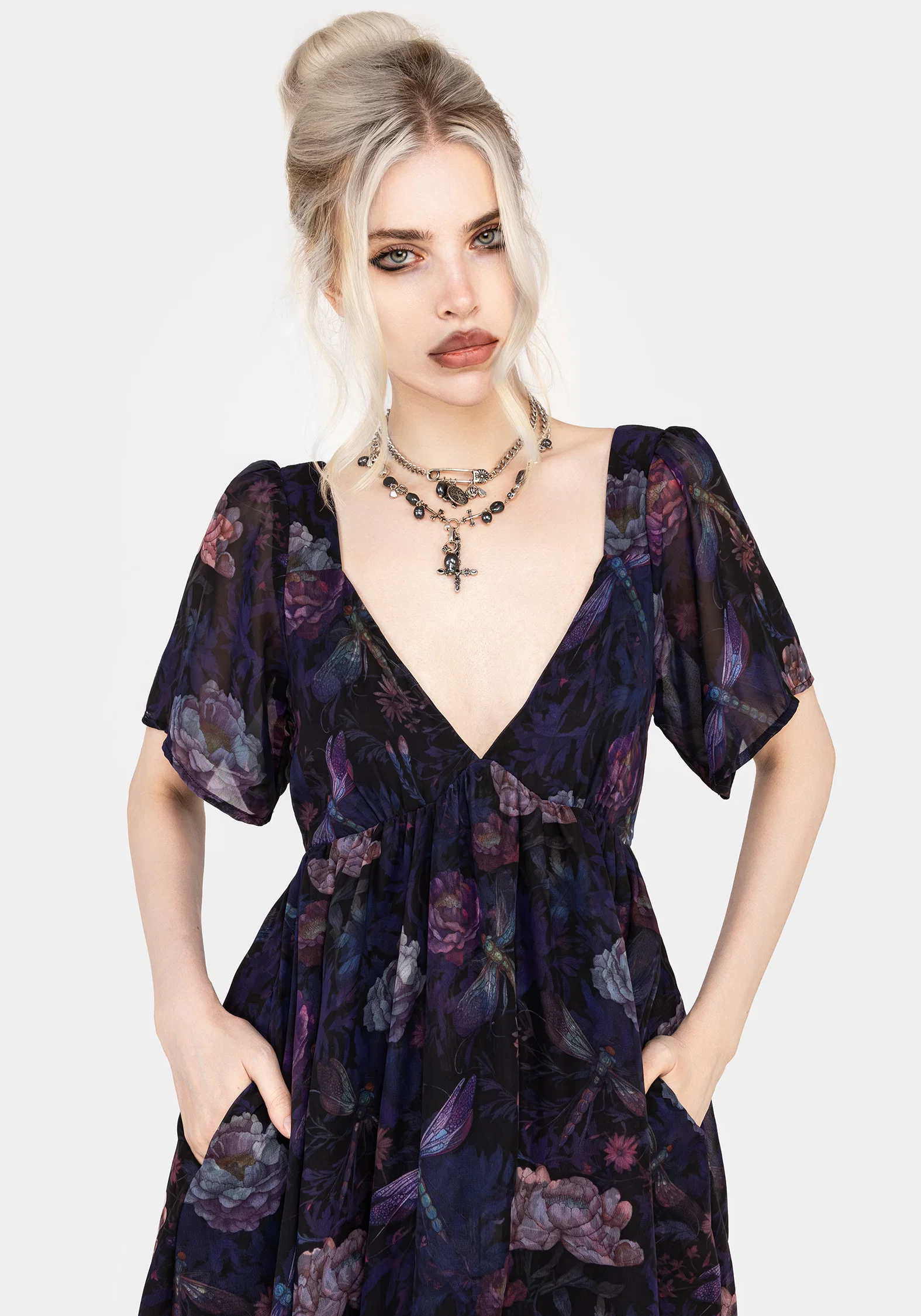 Dragonfly Floral Print Chiffon Handkerchief Hem Dress - Image 2