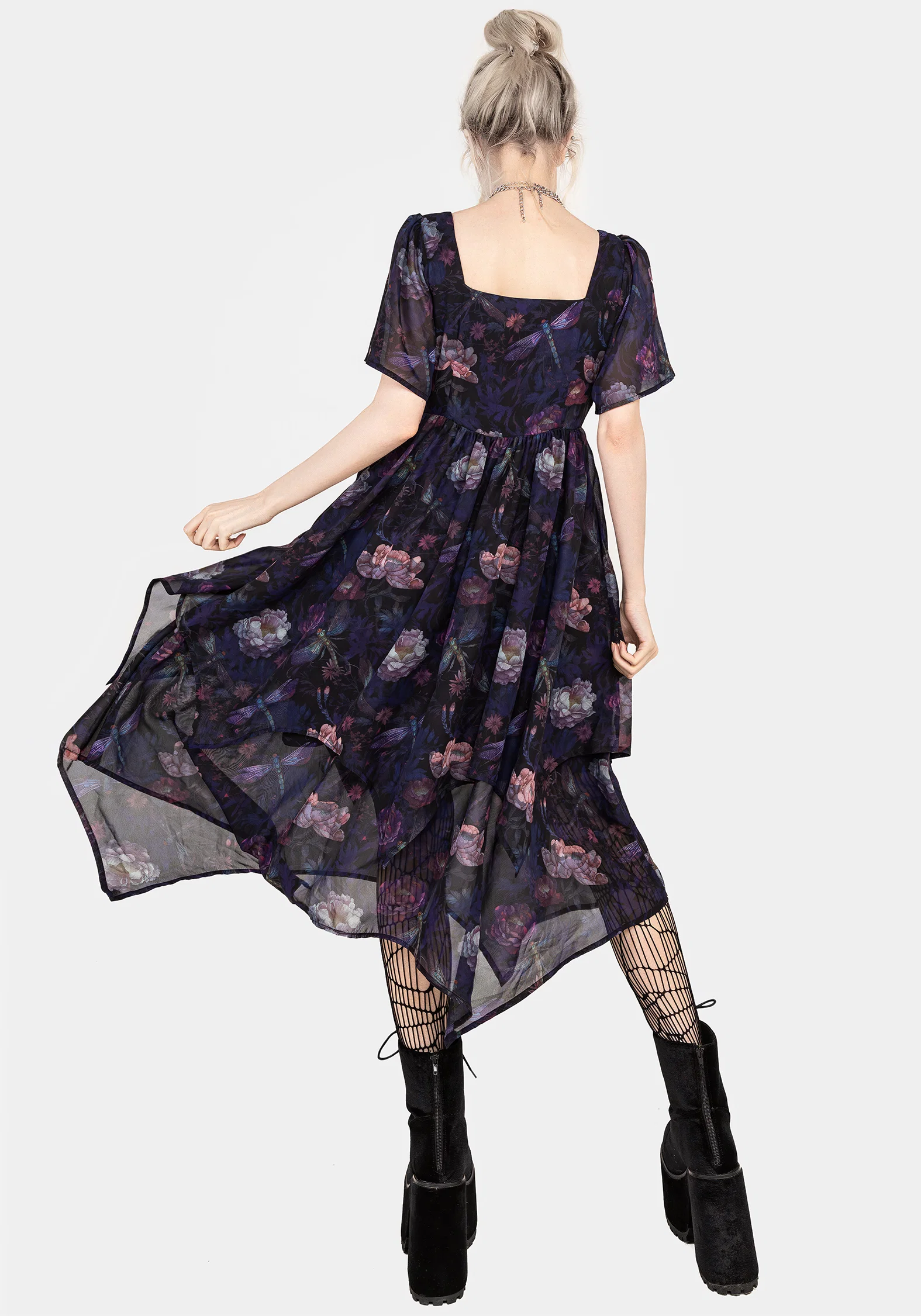 Dragonfly Floral Print Chiffon Handkerchief Hem Dress - Image 3